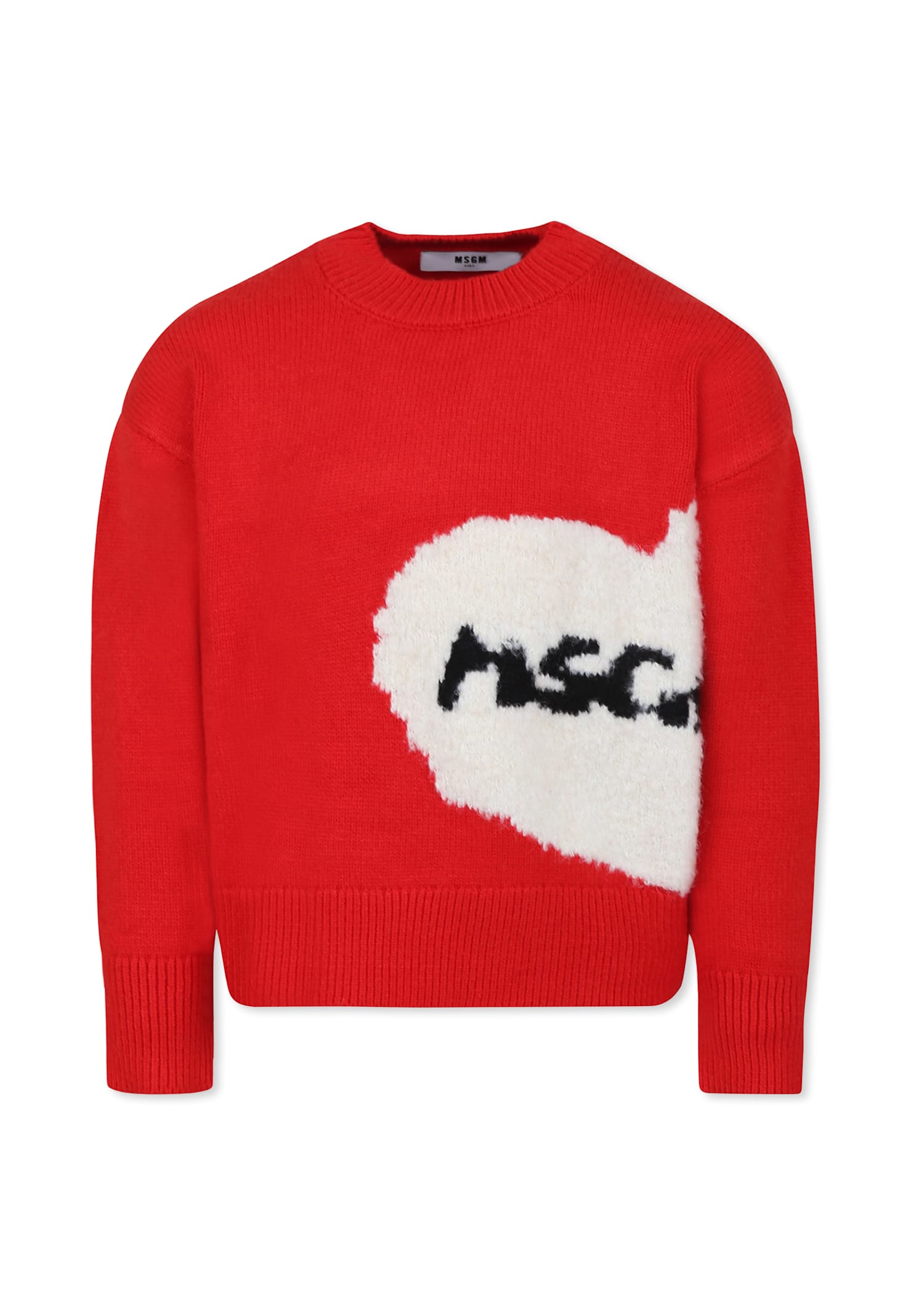 Msgm Red Crop Sweater For Girl With Heart And Logo In Red