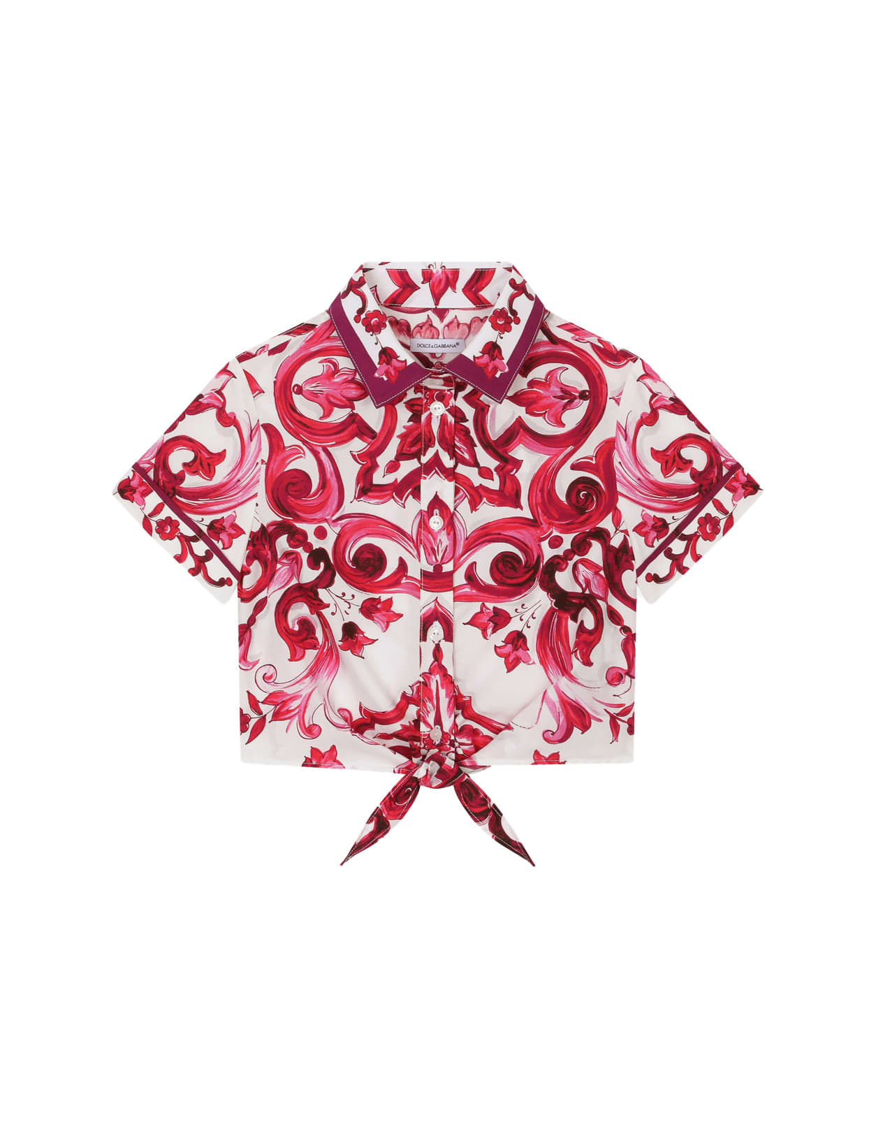 Dolce & Gabbana Kids' Poplin Shirt With Short Sleeve And Fuchsia Majolica Print In Pink