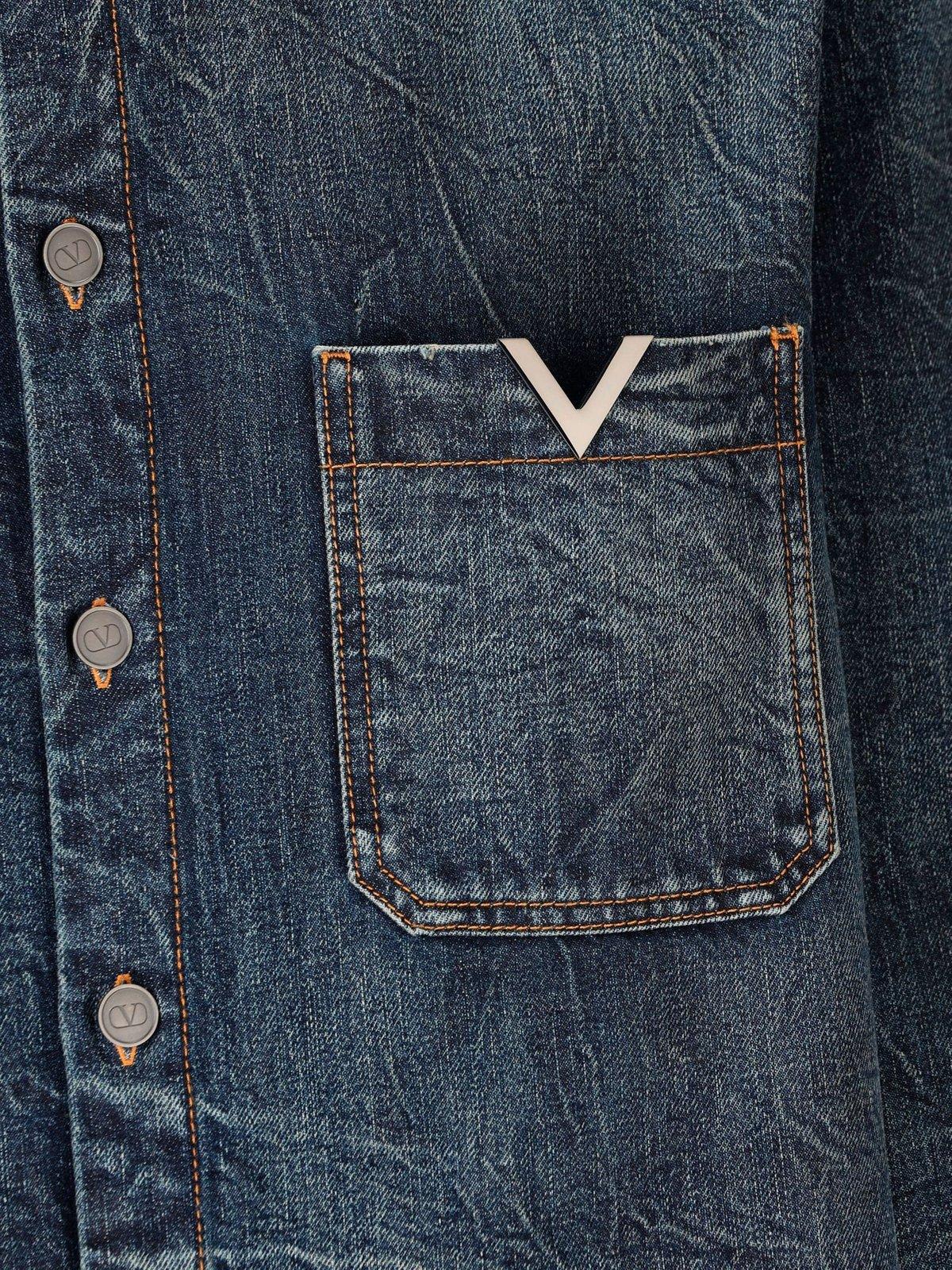 Shop Valentino V-logo Buttoned Denim Jacket In Navy