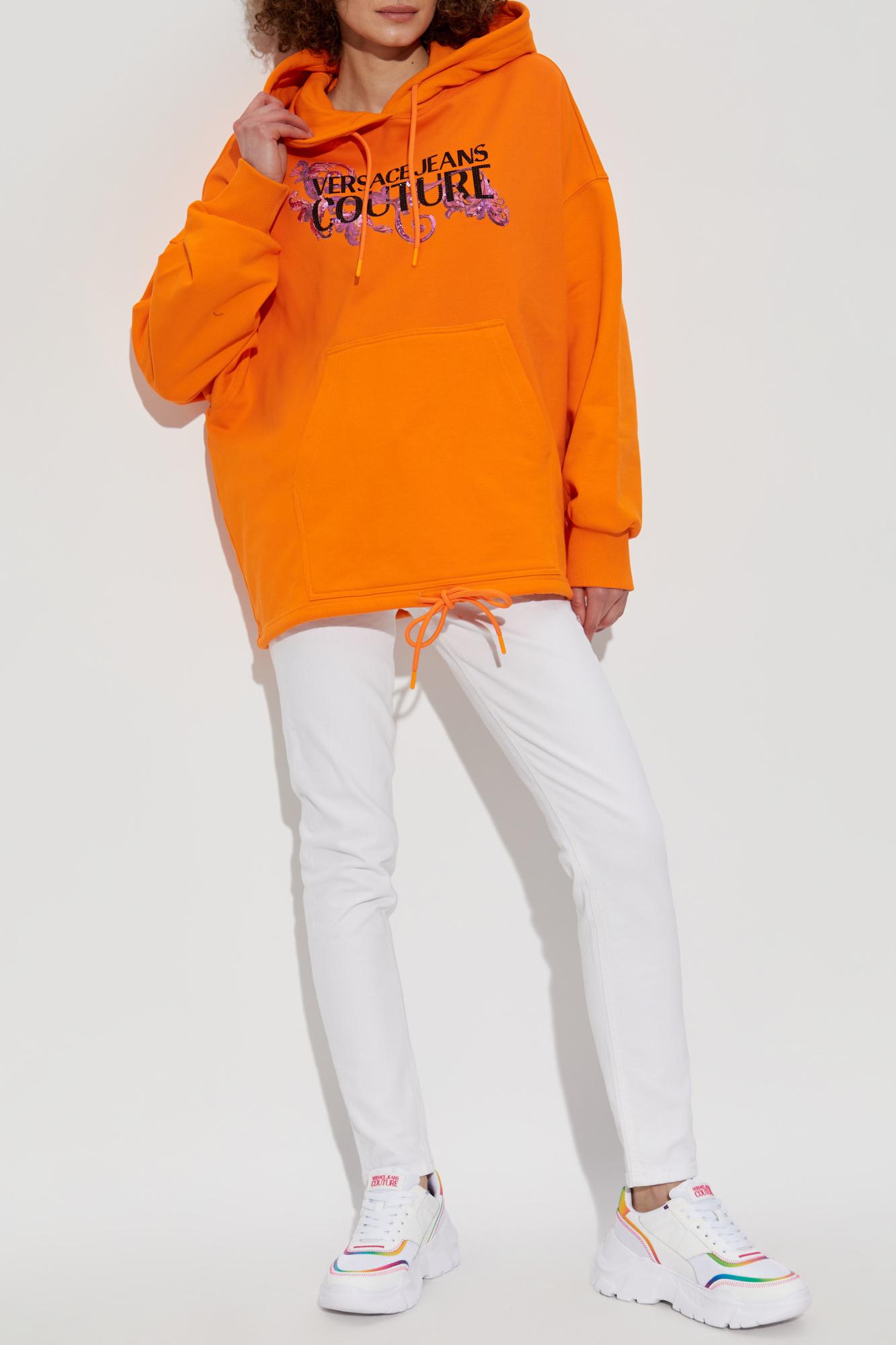 Versace Jeans Couture Hoodie With Logo And Crystals In Orange
