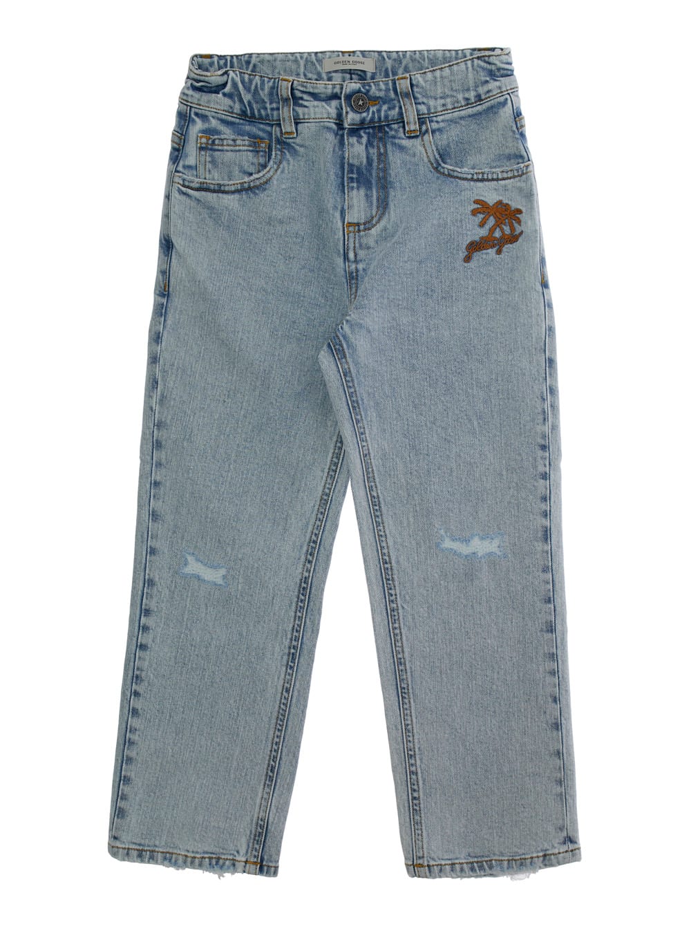 Golden Goose Journey Regular Fit Jeans Bleached Washed Denim With Embroidery In Light Blue