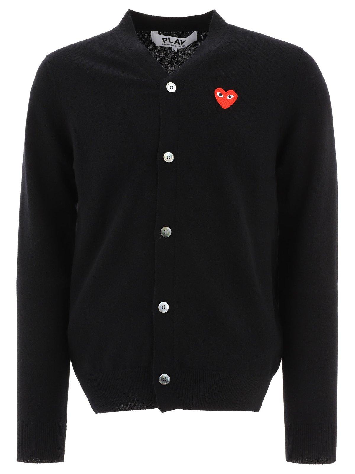 Comme Des Garçons Play Mens Cardigan Knit Black Wool Cardigan With Pixel Heart Patch. In Nero