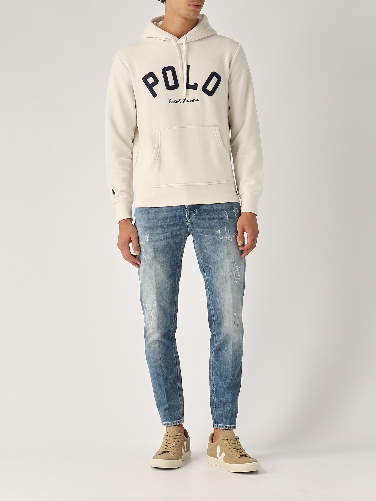 Shop Polo Ralph Lauren Felpa Con Cappuccio Rl Logo Sweatshirt In Panna