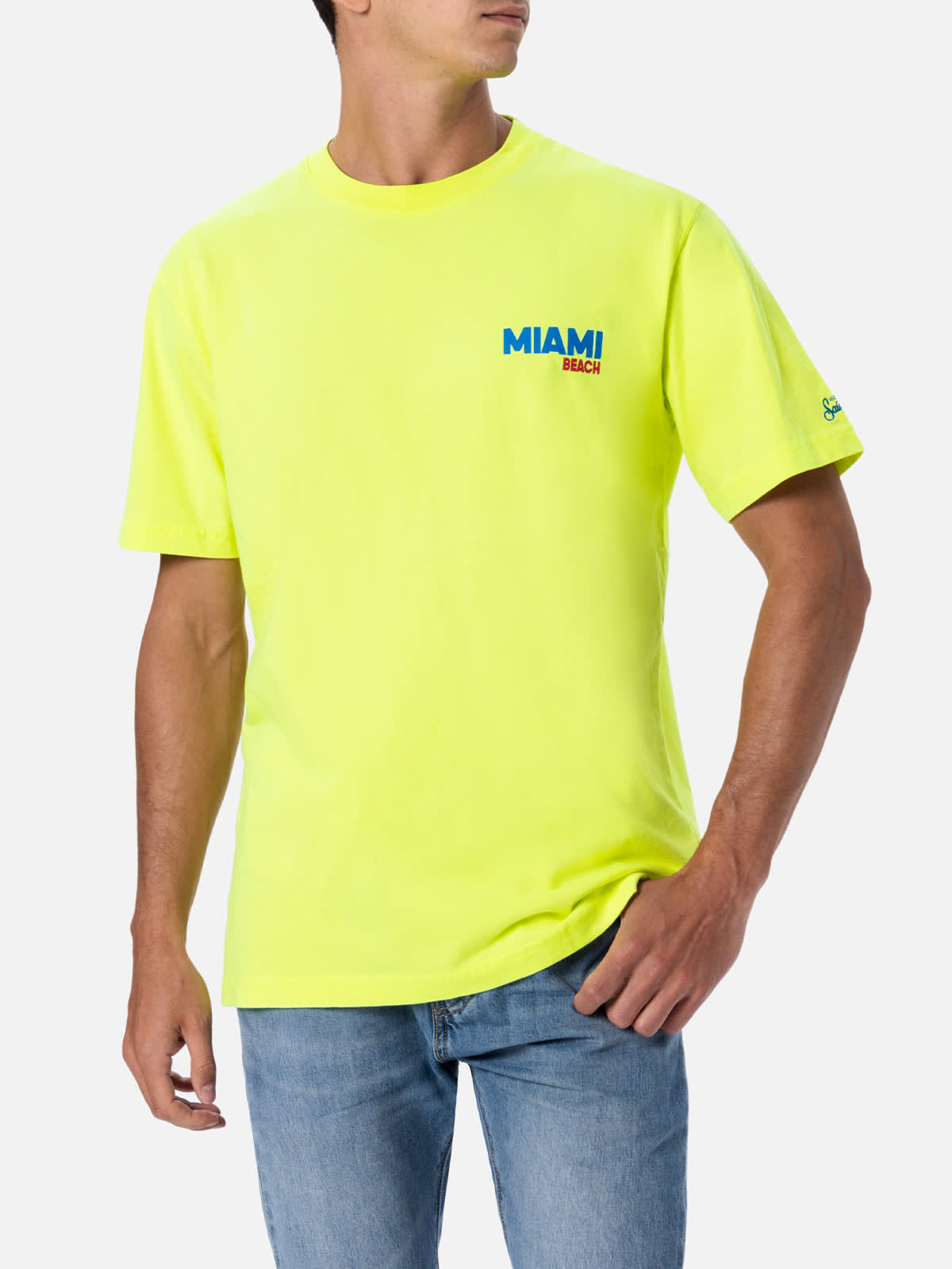 Shop Mc2 Saint Barth Man Cotton T-shirt With Miami Beach Postcard Placed Print In Yellow
