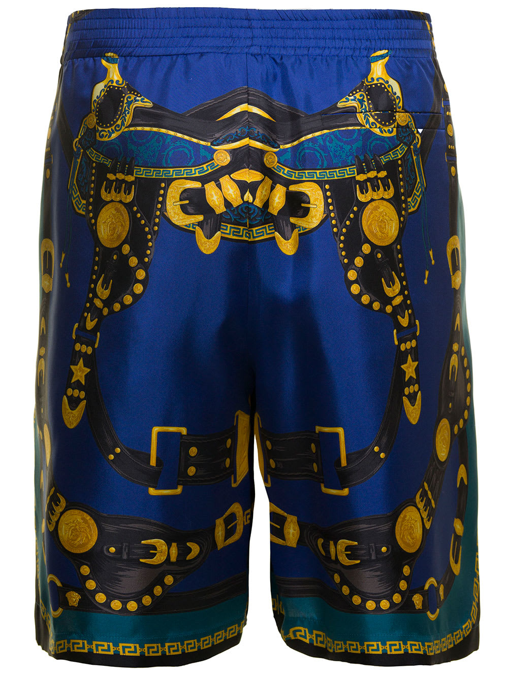 Versace Medusa Harness-print Silk Twill Shorts In Blu