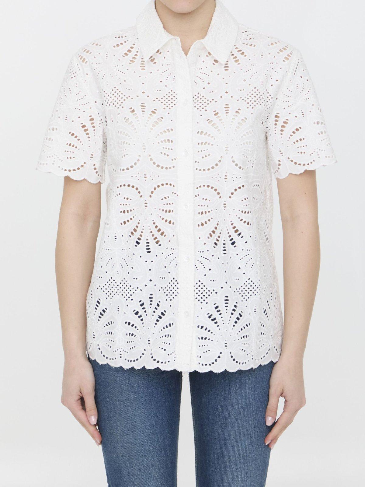 Shop Self-portrait Open-work Short-sleeved Shirt In White