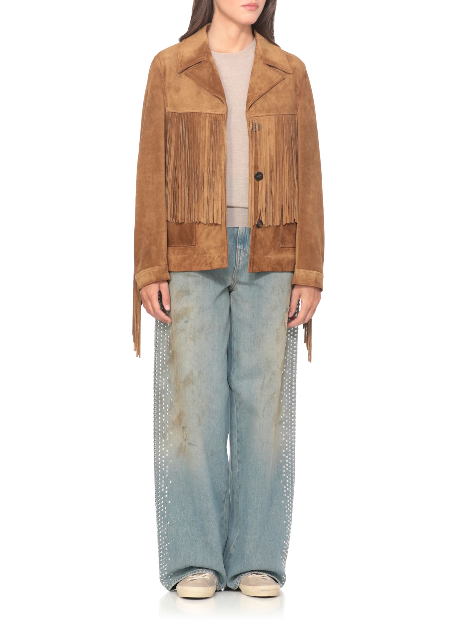 Golden Goose Distressed Boyfriend Fit Trousers With Studded Detailing In Blue