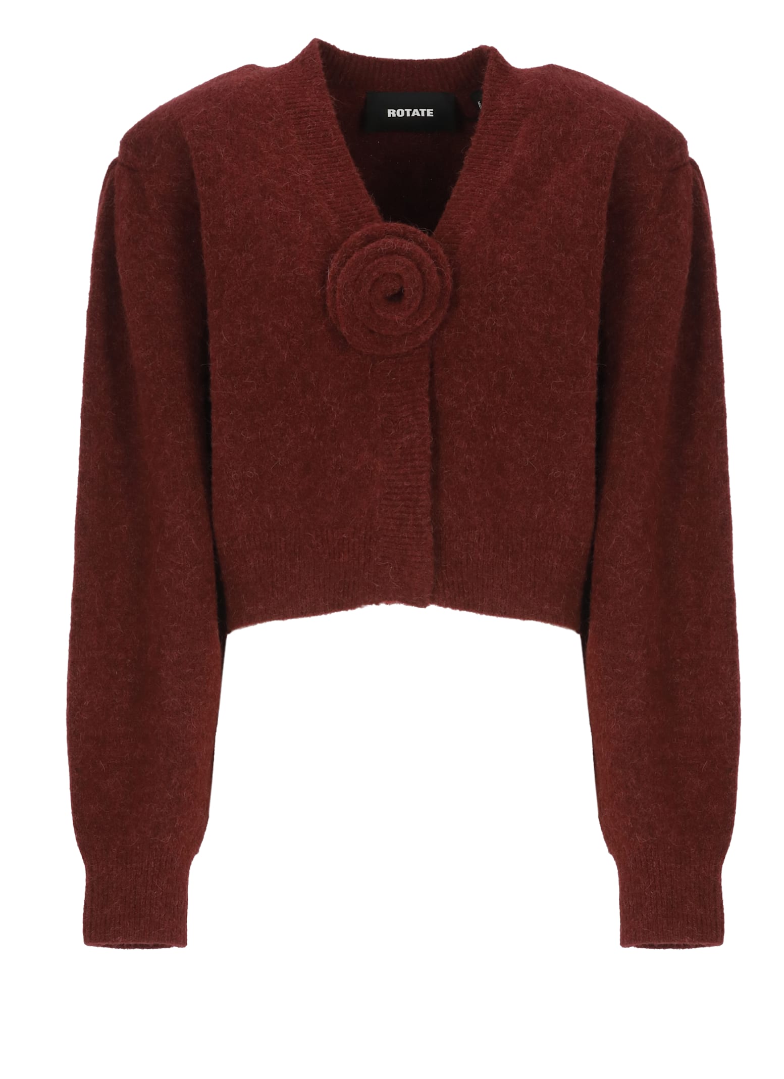 Rotate Birger Christensen Rose-embellished Puff-sleeve Cardigan In Brown