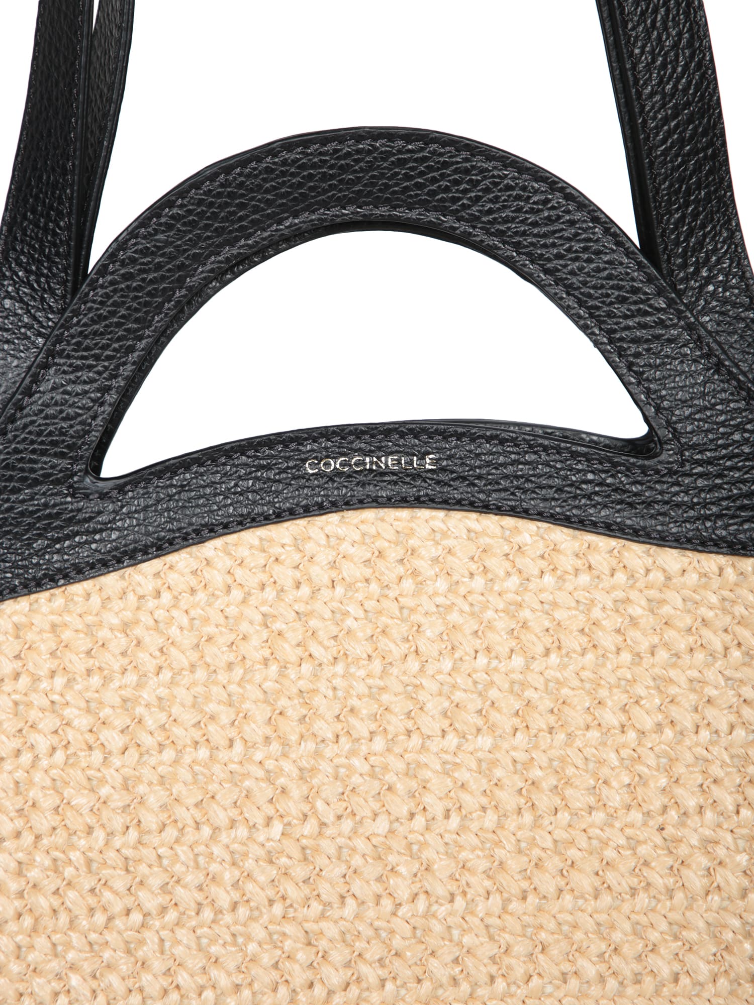 COCCINELLE AMALIA RAFFIA TOTE BAG NUDE AND BLACK