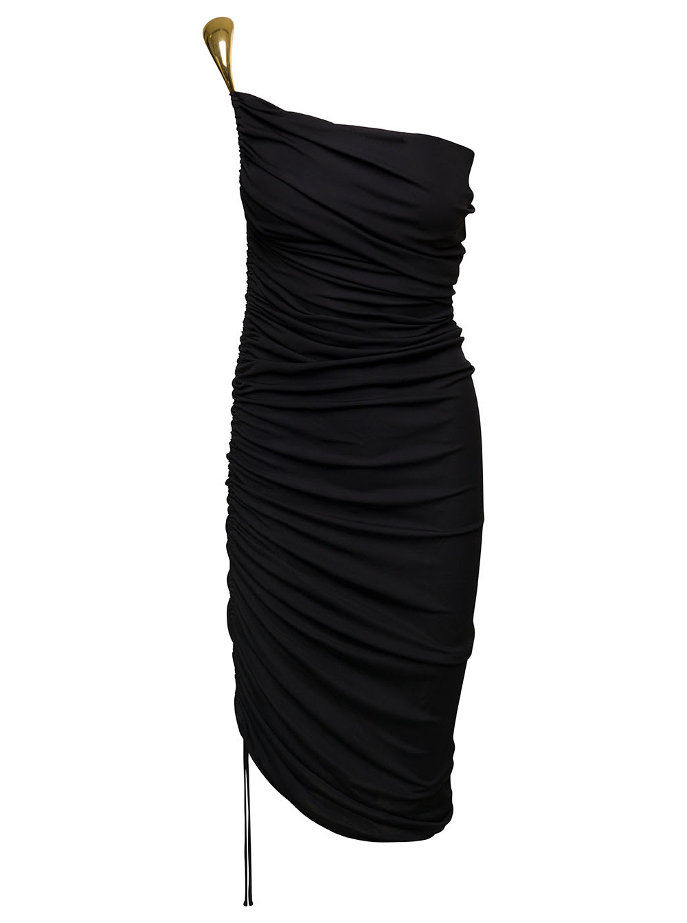Shop Bottega Veneta Black One-shoulder Dress With Golden Detail In Viscose Woman