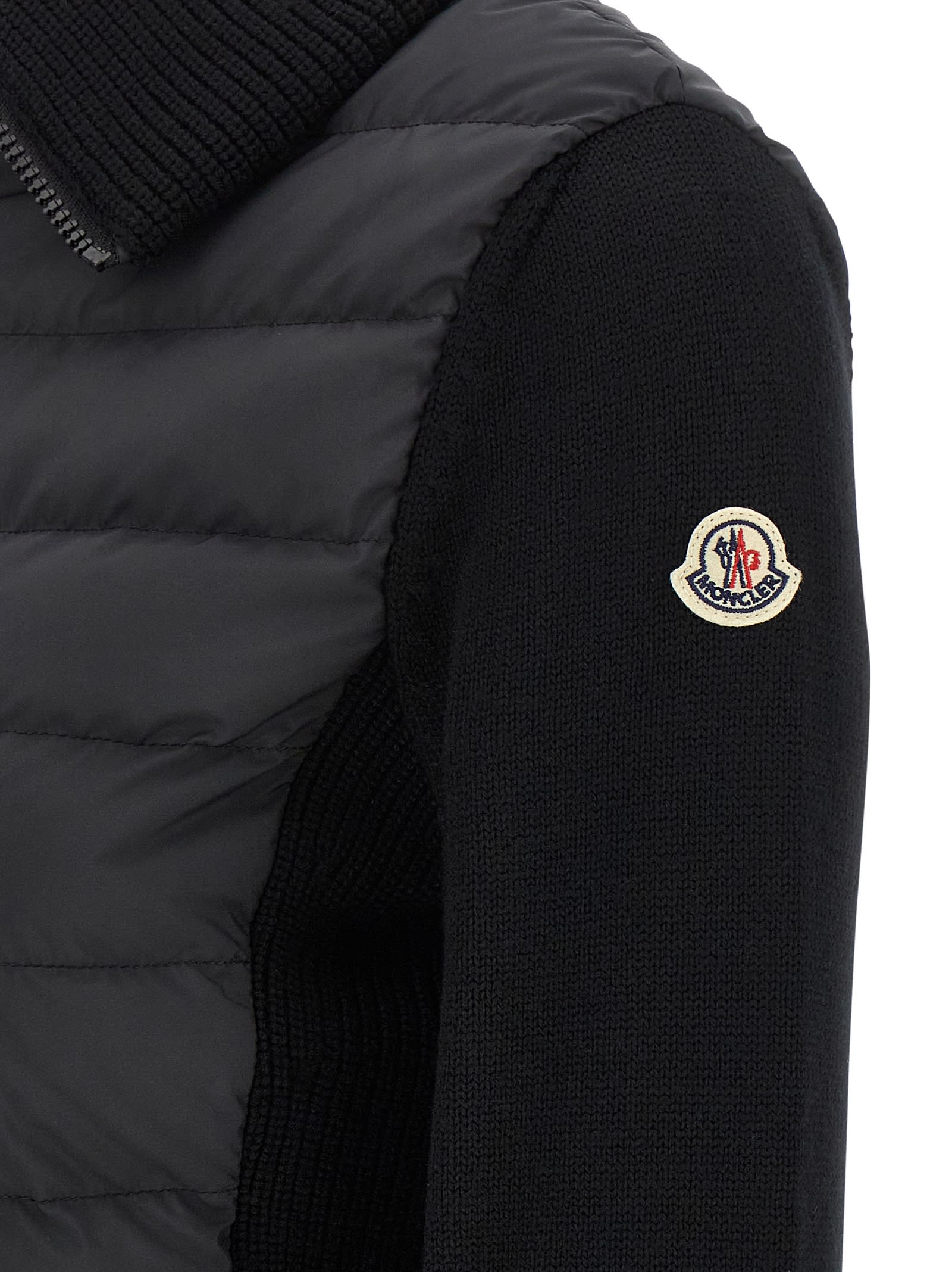 Moncler Two-material Cardigan With Goose Down Padding And High Neck In Multi