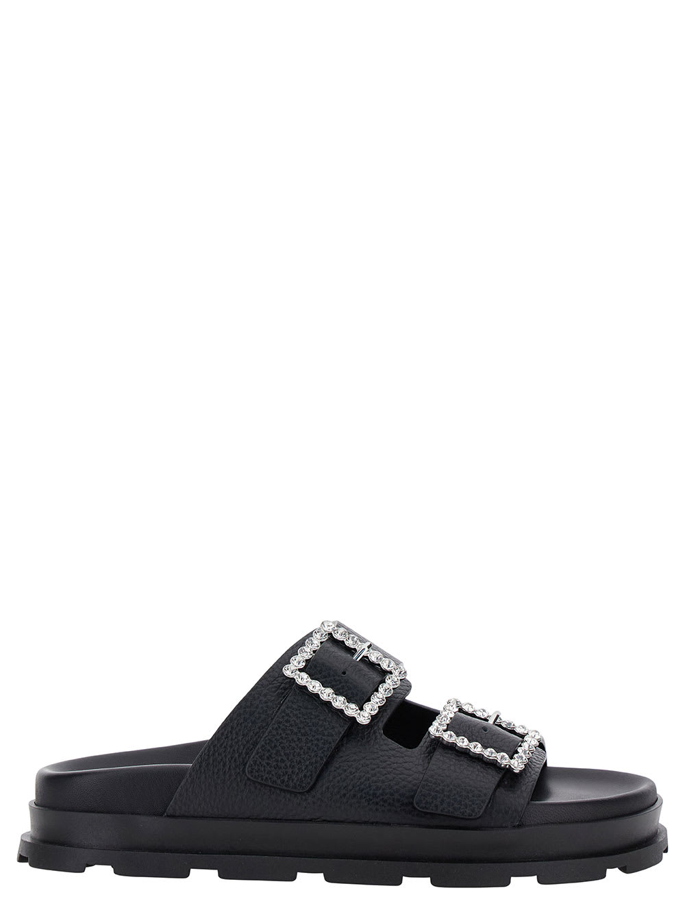 Black Sandals With Rhinestone Buckle In Hammered Leather Woman