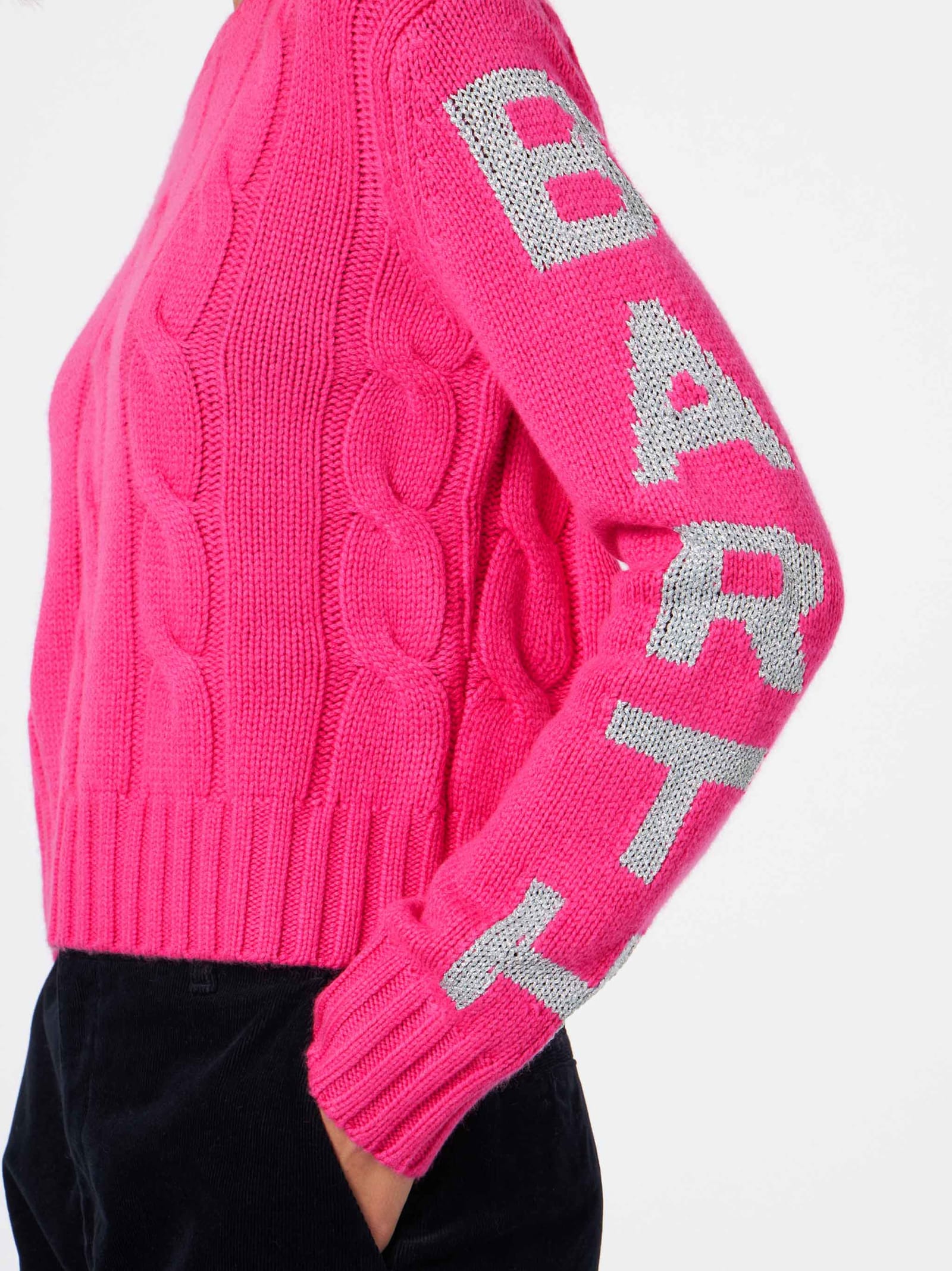 Shop Mc2 Saint Barth Woman Crewneck Braided Sweater With Saint Barth Lurex Print In Pink