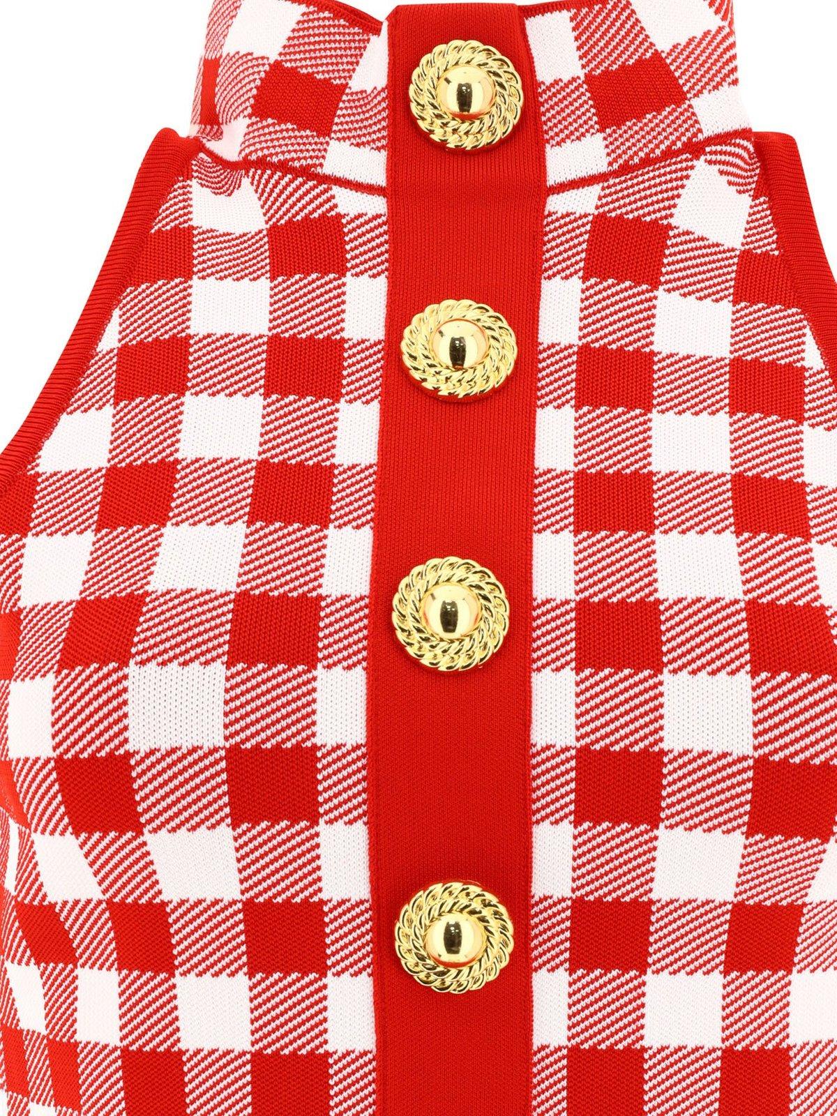 Shop Balmain Gingham Checked Sleeveless Top In Red