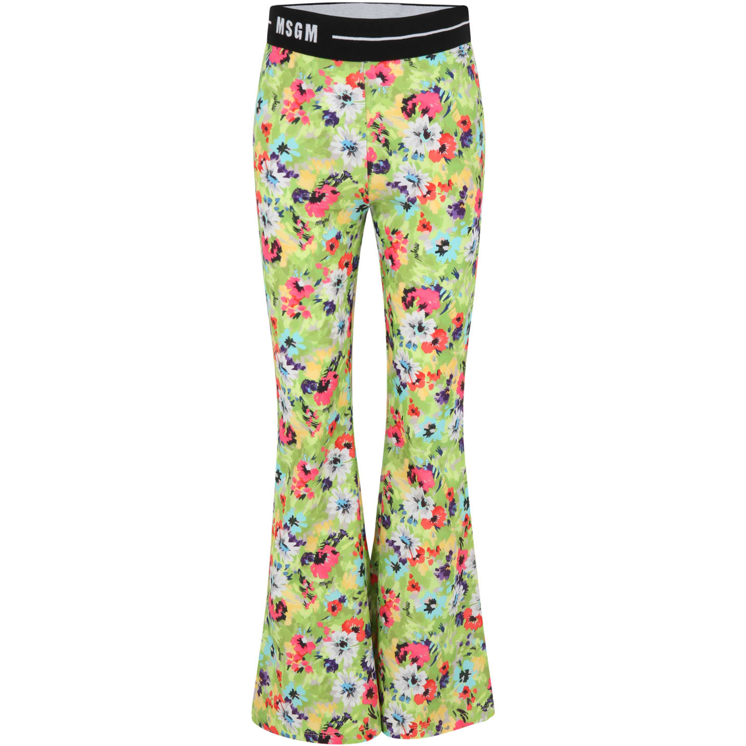 Msgm Kids' Green Trousers For Girl With Flowers And Logo