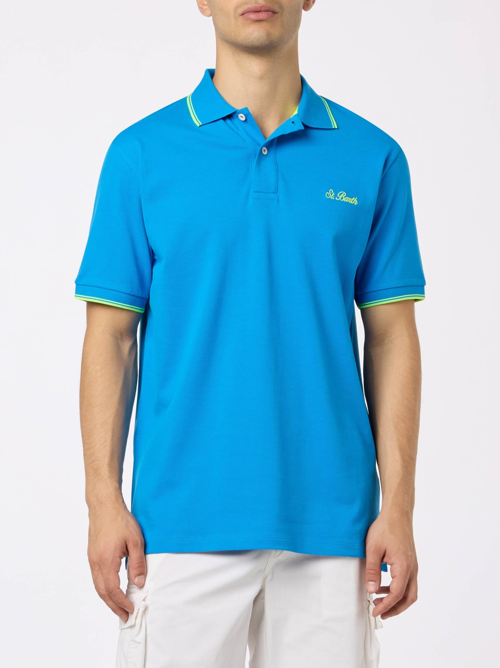 Mc2 Saint Barth Man Bluette Cotton Piquet Polo Shirt Beverly Hills With Palm Embroidery In Blue