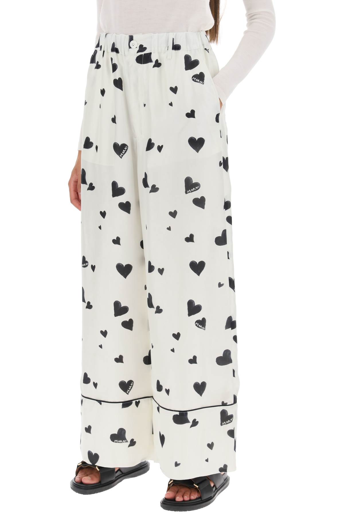 Shop Marni Pajama Pants With Bunch Of Hearts Motif In Stone White (white)