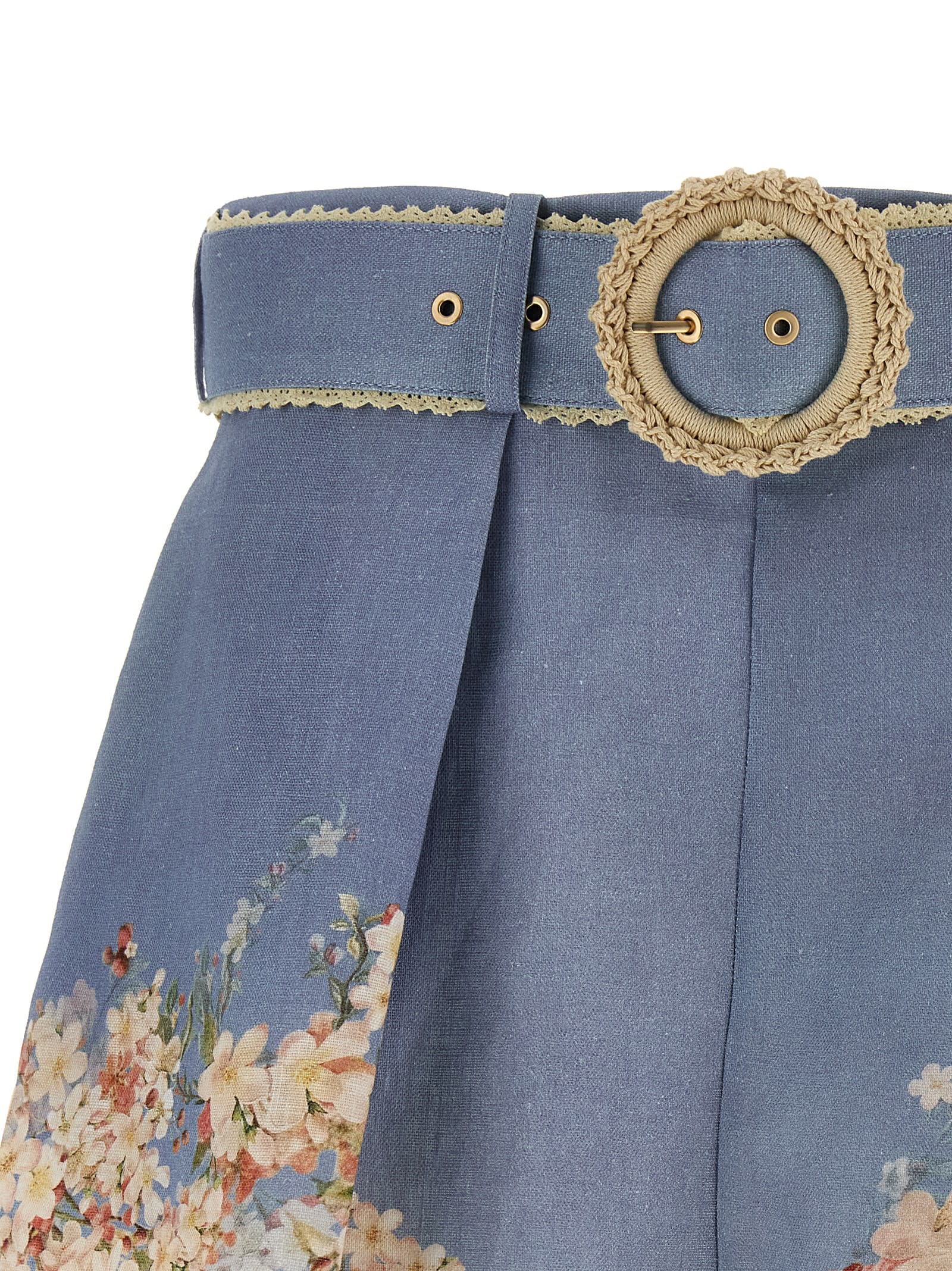 Zimmermann Teal Blue Botanical Floral Linen Cascadian Shorts In Blue