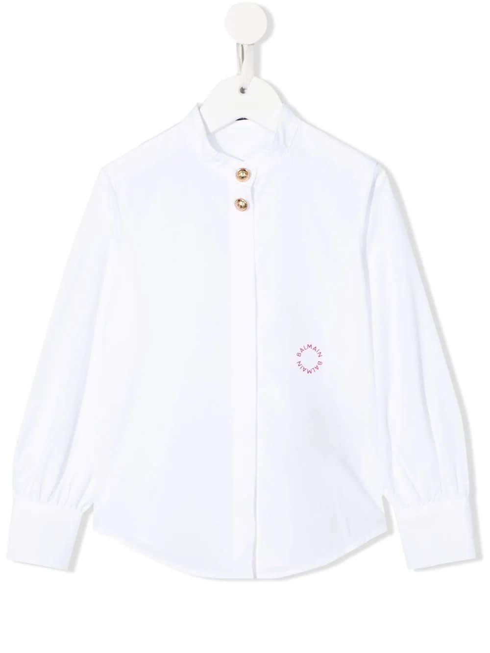 Balmain Kids White Shirt With Fuchsia Logo And Golden Buttons