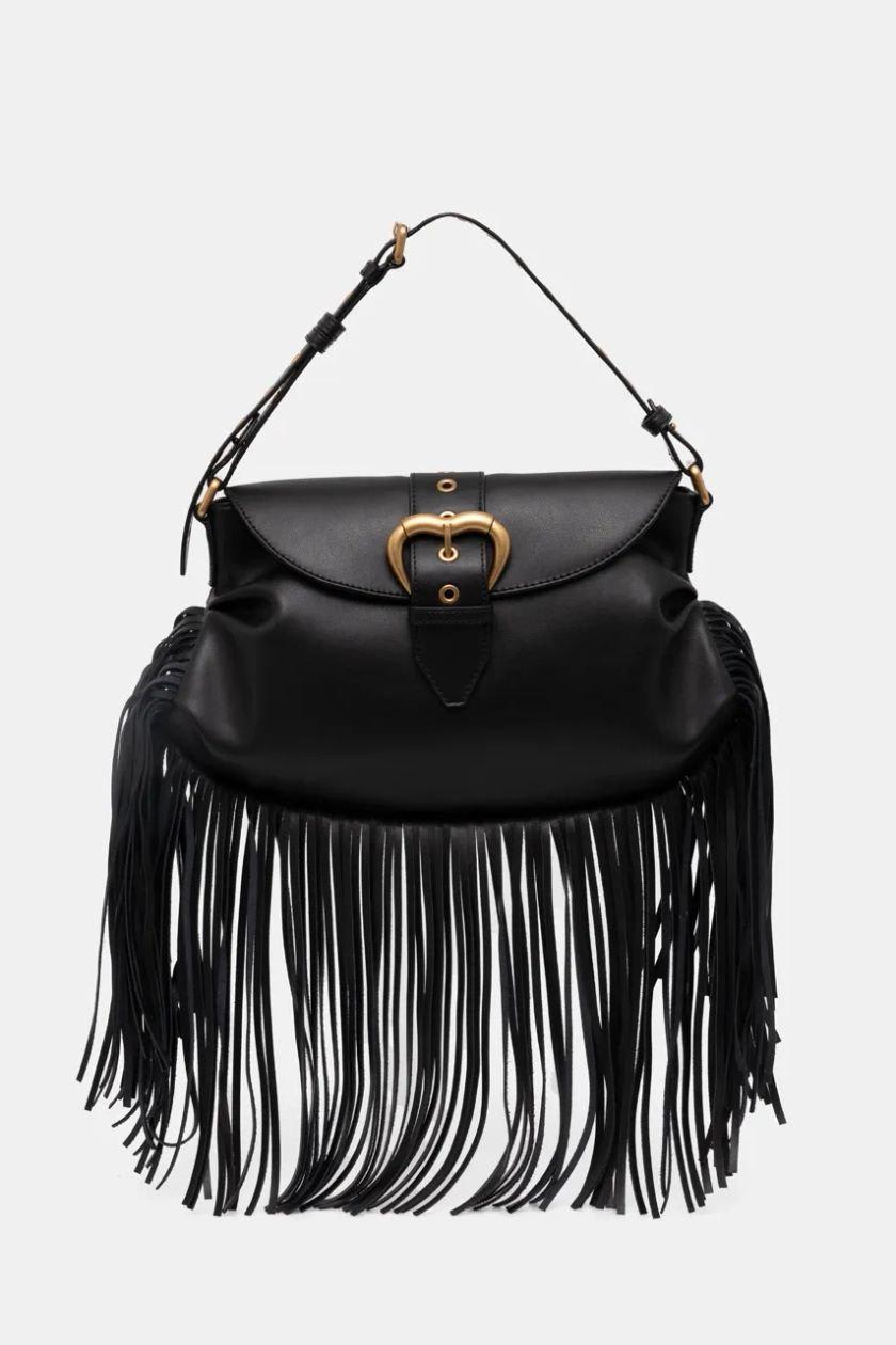 Shop Pinko Jolene Fringed Shoulder Bag In Q Nero Antique Gold