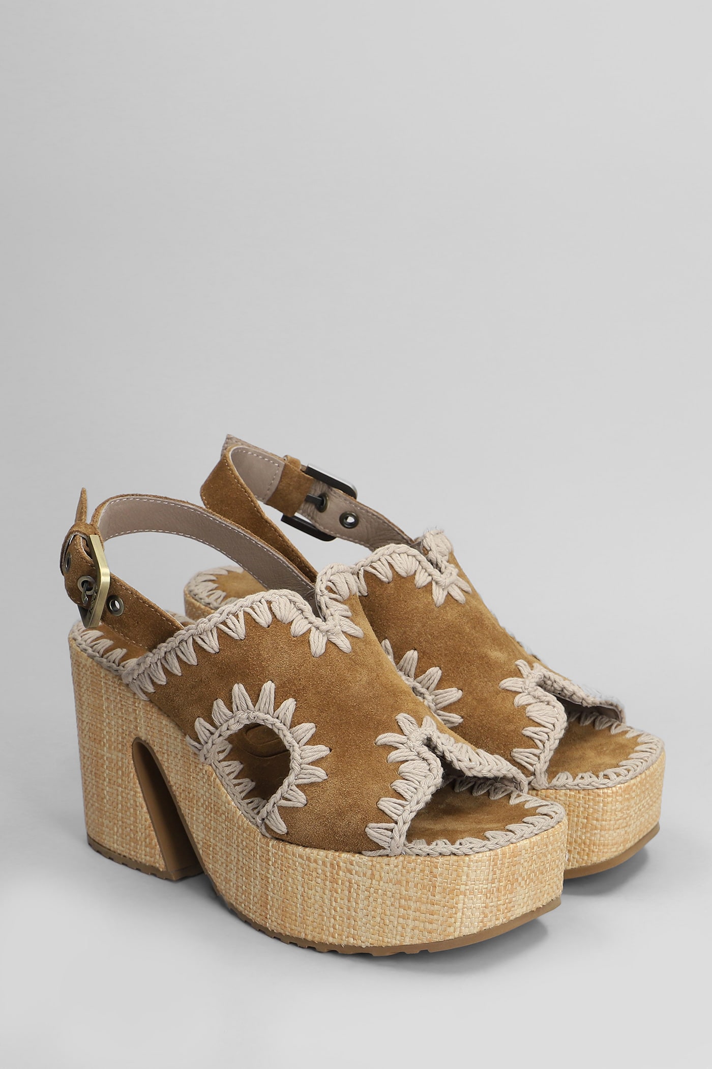 Mou Raffia Platform Sandals In Leather Color Suede In Leather Color