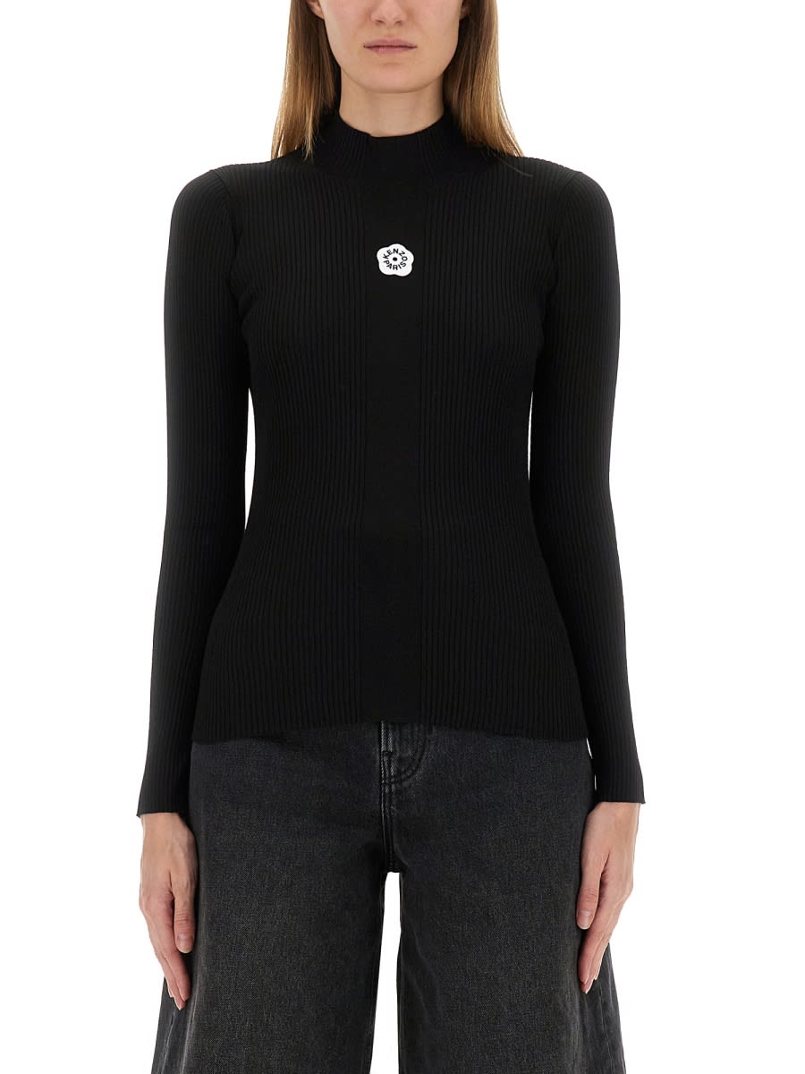 Kenzo Boke Flower High Neck Sweater With Contrasting Embroidery In Black