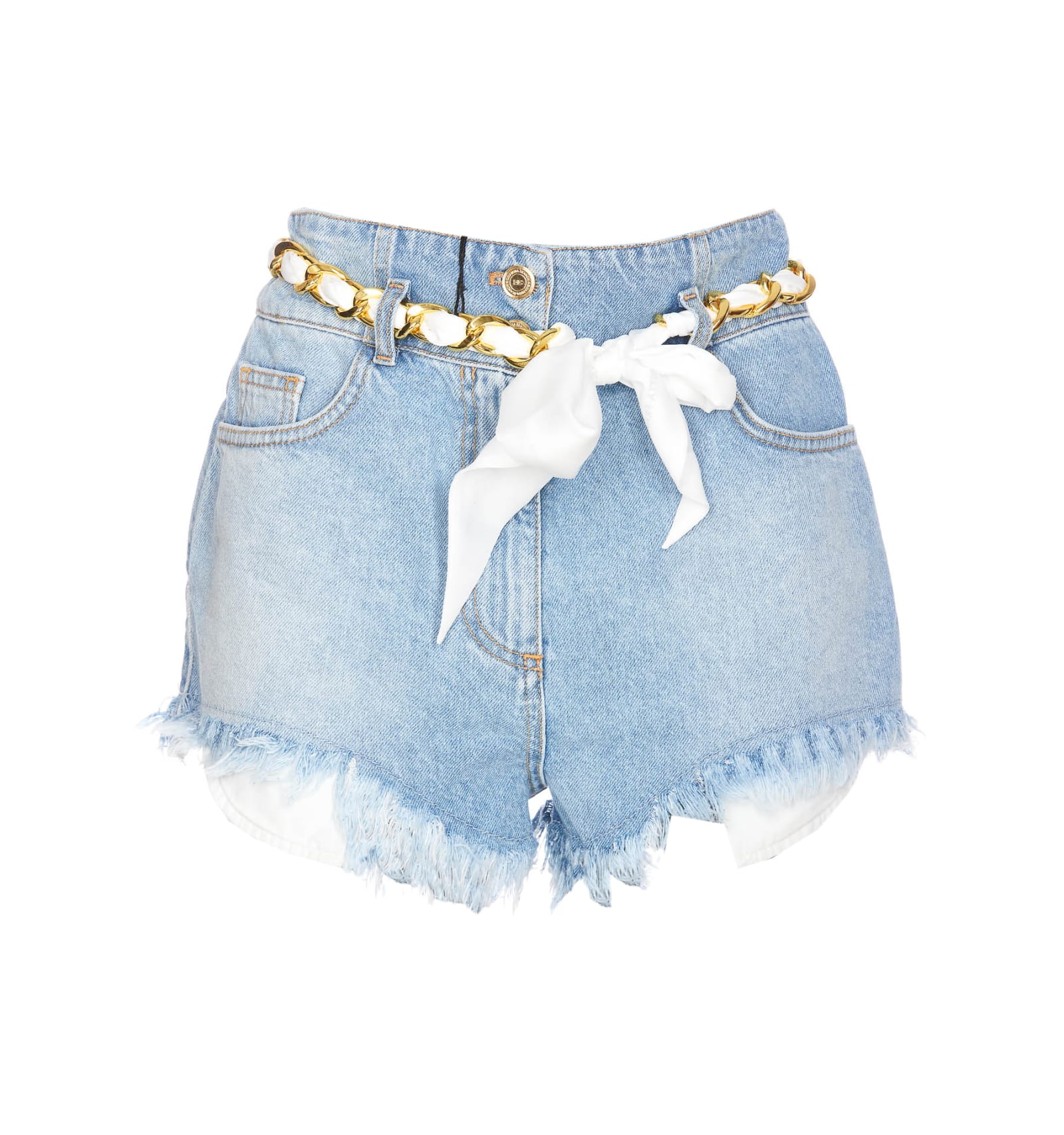 Shop Elisabetta Franchi Denim Shorts With Belt In Blue