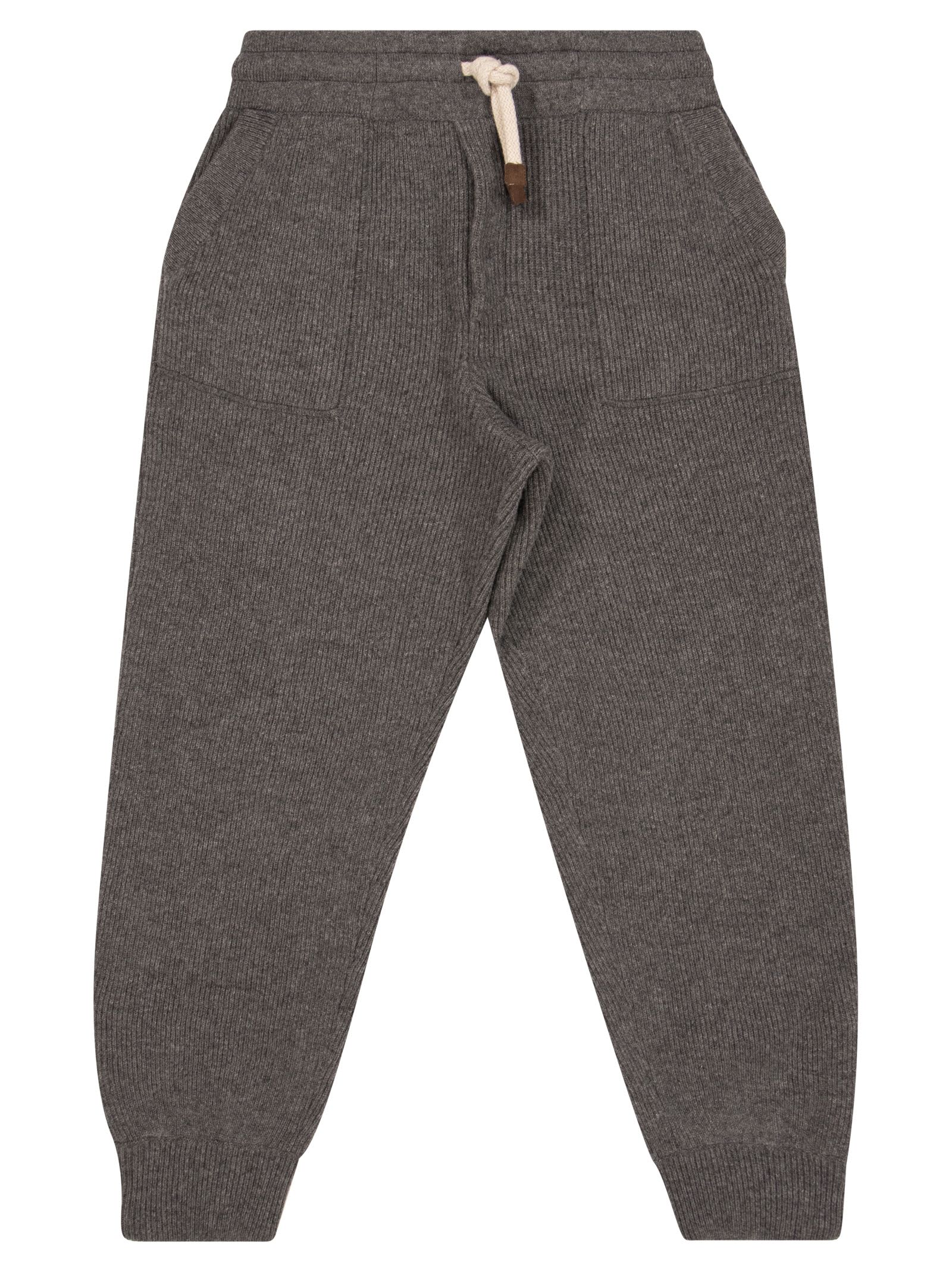 Brunello Cucinelli Kids' English Rib Cashmere Knit Trousers With Bottom Zip  In Grey