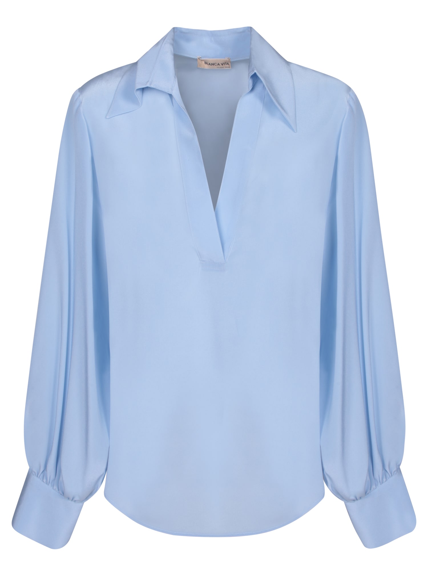 BLANCA VITA SILK BLEND V-NECK BLOUSE IN LIGHT BLUE