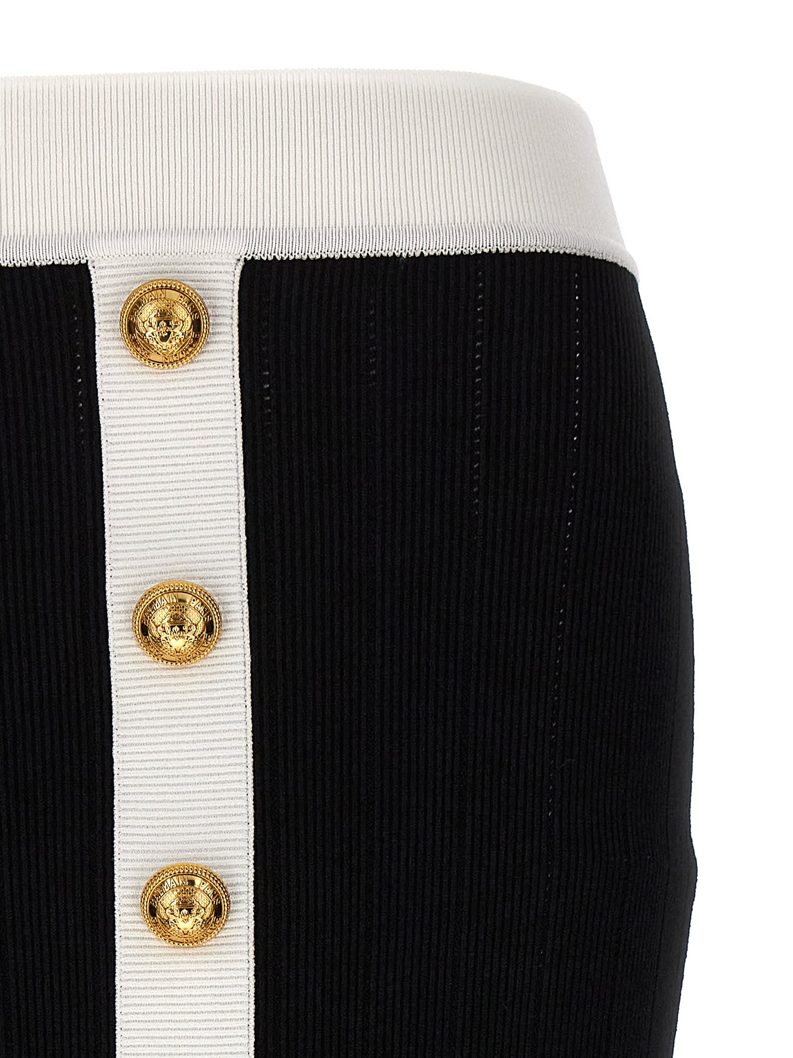 Balmain Button-embellished Ribbed-knit Midi Skirt In Eab Noir Blanc