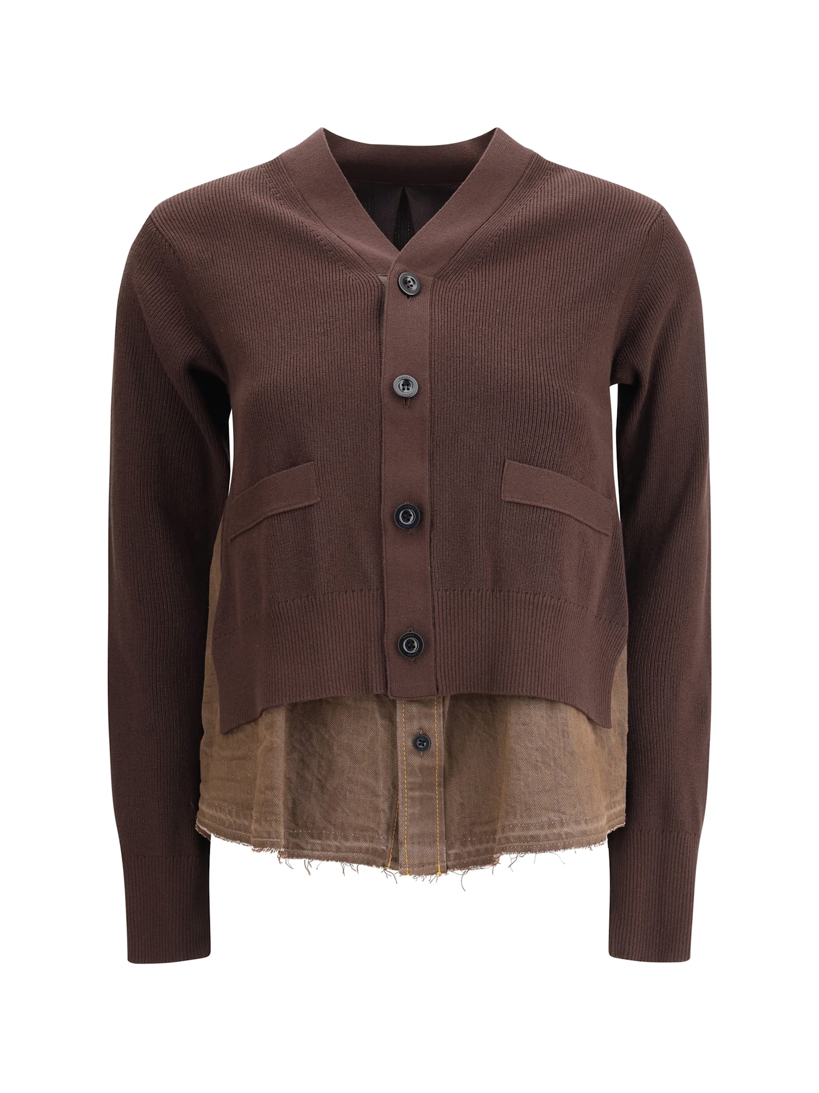 Sacai Cardigan With Denim Panel In Brown