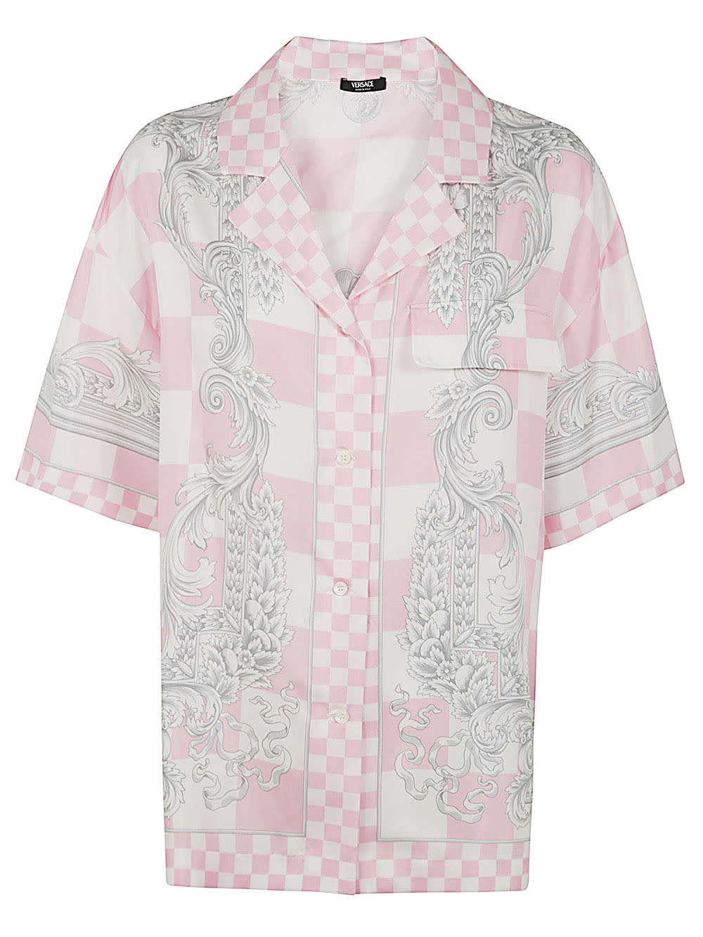 Shop Versace Printed Silk Twill Informal Shirt In Pastel Pink White Silver