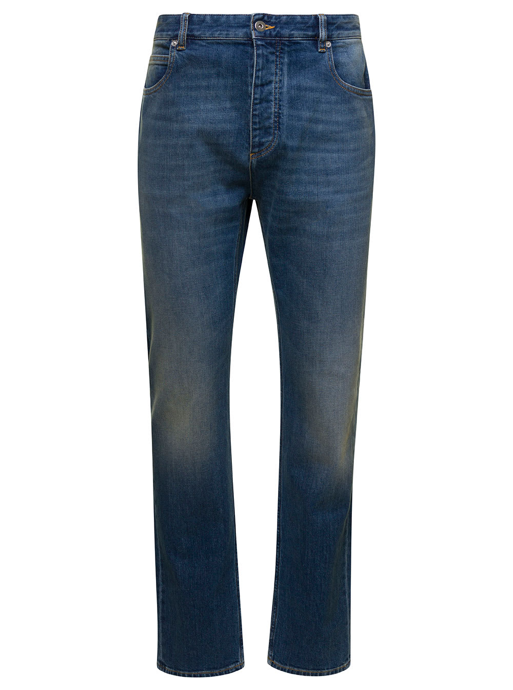 Shop Bottega Veneta Blue 5-pocket Style Fitted Jeans With Green Patch In Cotton Denim Woman