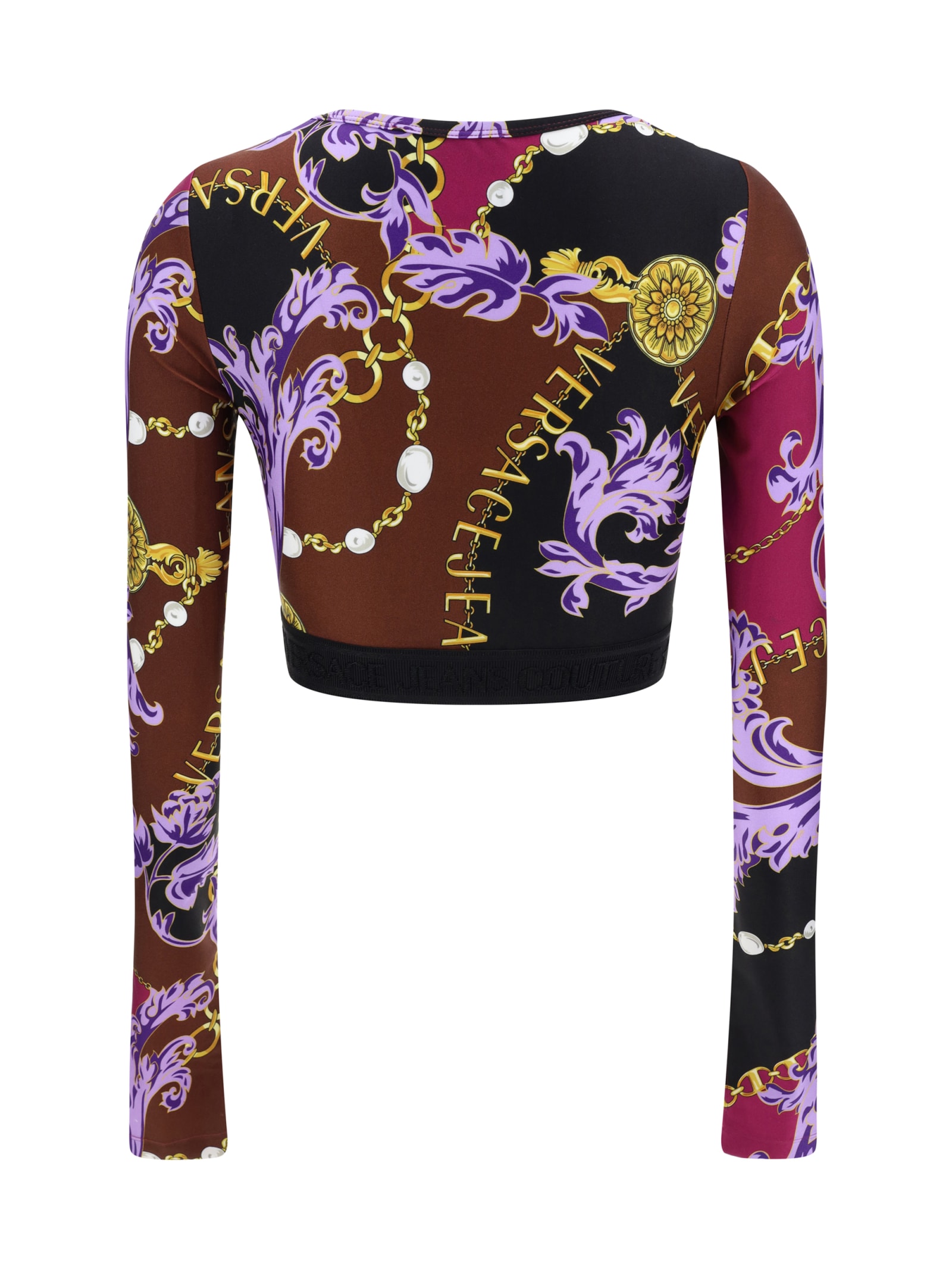 Versace Jeans Couture Chain Couture Long-sleeve Crop Top In Plum/crimson