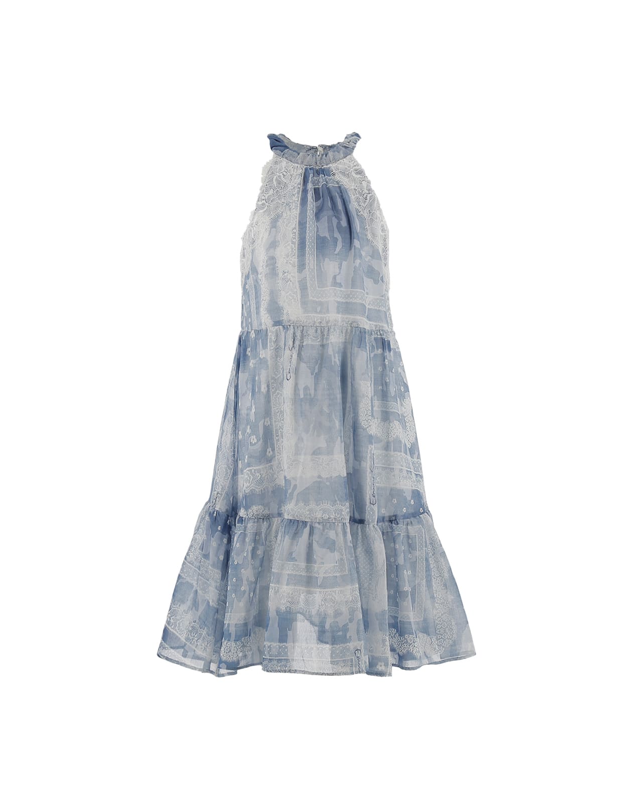 Shop Ermanno Scervino Junior Cotton And Silk Voile Sleeveless Dress With Lace In Blue