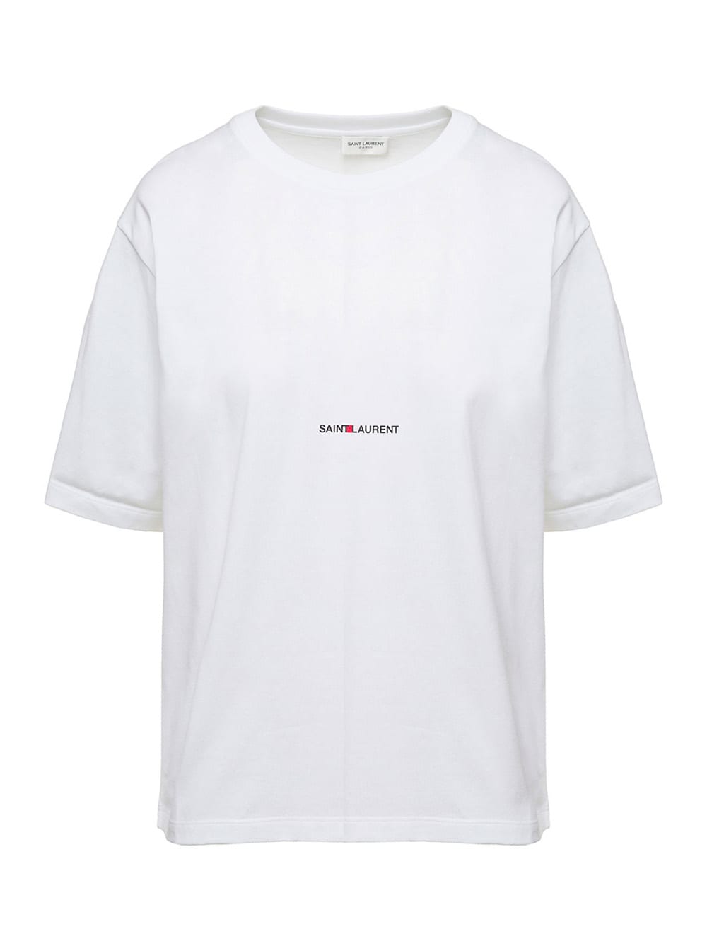 SAINT LAURENT BASIC WHITE T-SHIRT WITH MIIDDLE LOGO PRINT IN COTTON WOMAN 