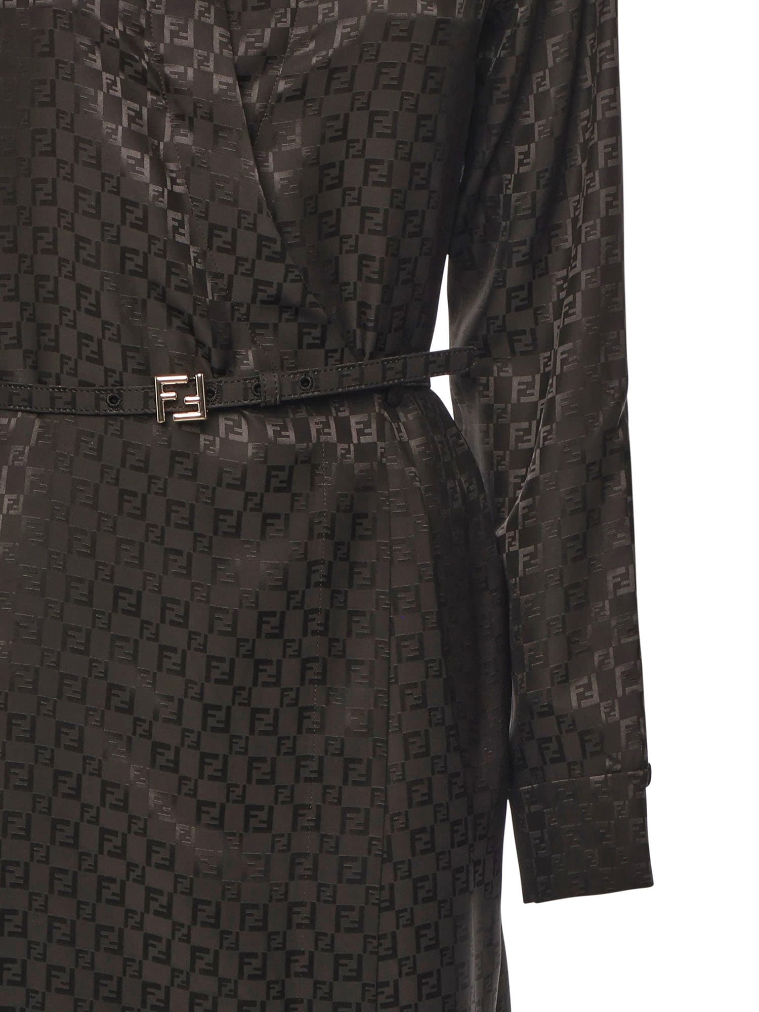 Fendi Silk Chess Ff Long Sleeve Midi Dress Dresses Brown In Black