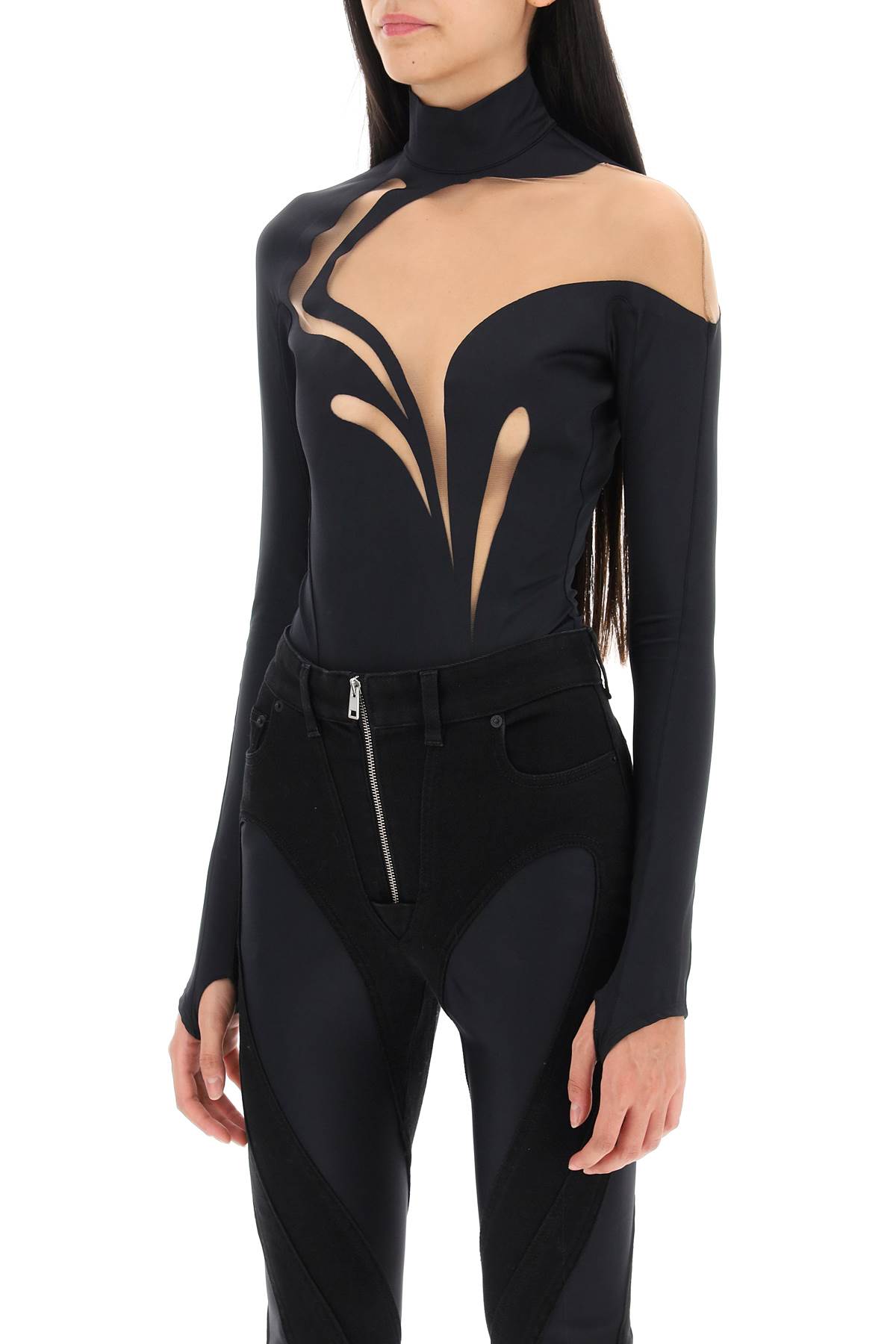 Shop Mugler Long-sleeved Swirly Bodysuit In Black Nude01 (black)