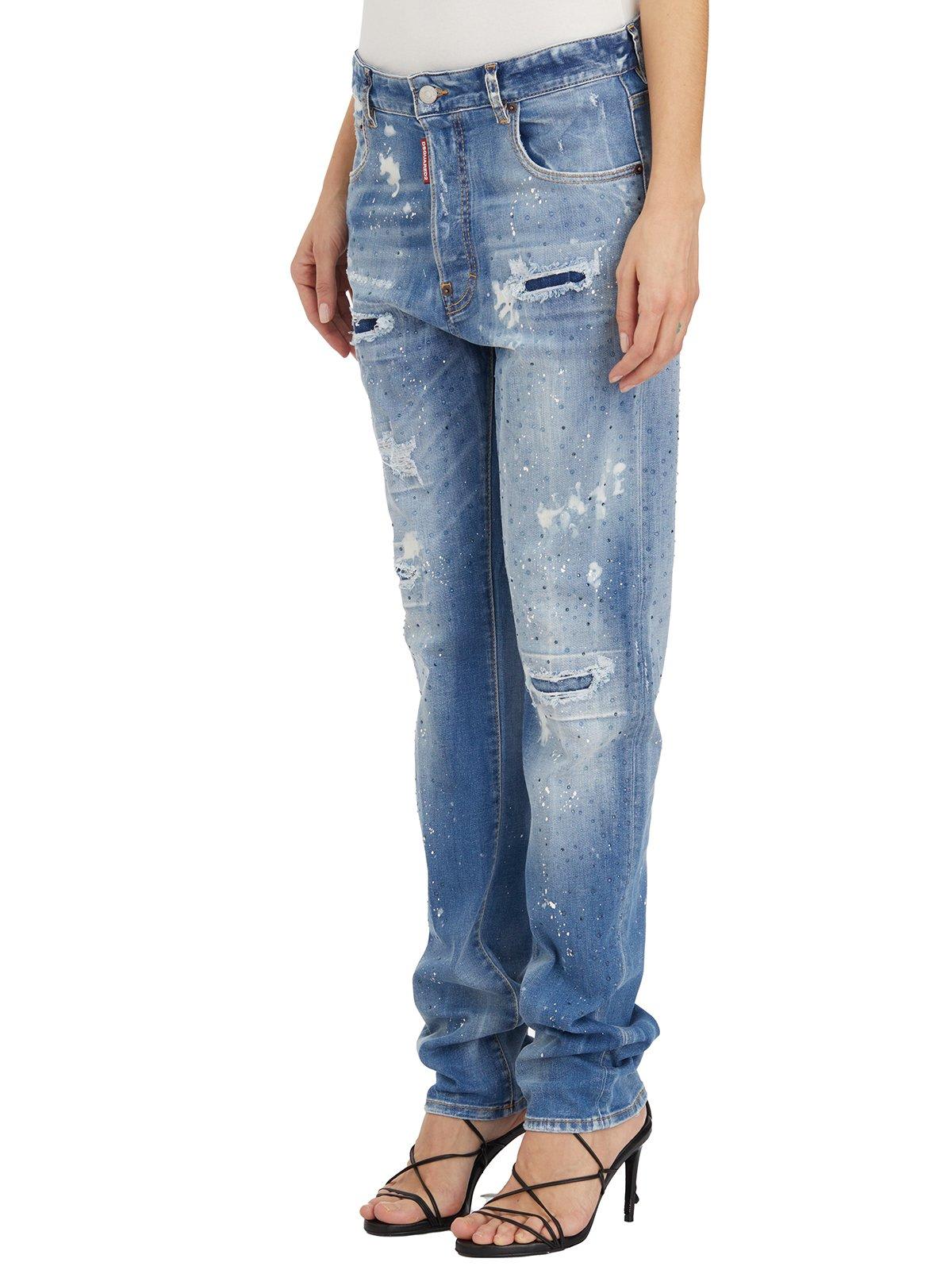 Shop Dsquared2 Embellished Distressed High-waist Jeans In Navy Blue