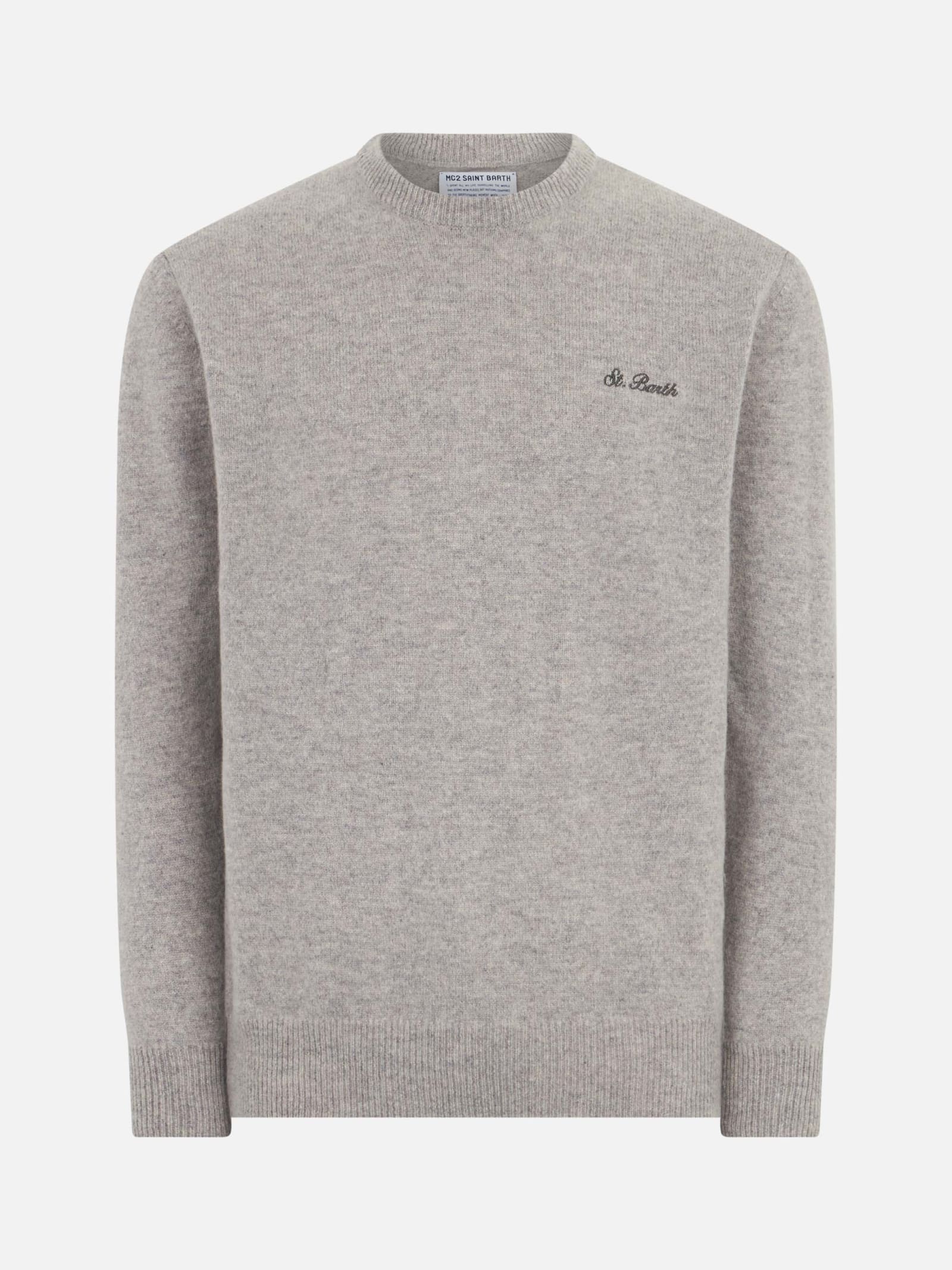 MC2 SAINT BARTH MAN CREWNECK GREY MELANGE SWEATER WITH ST. BARTH EMBROIDERY
