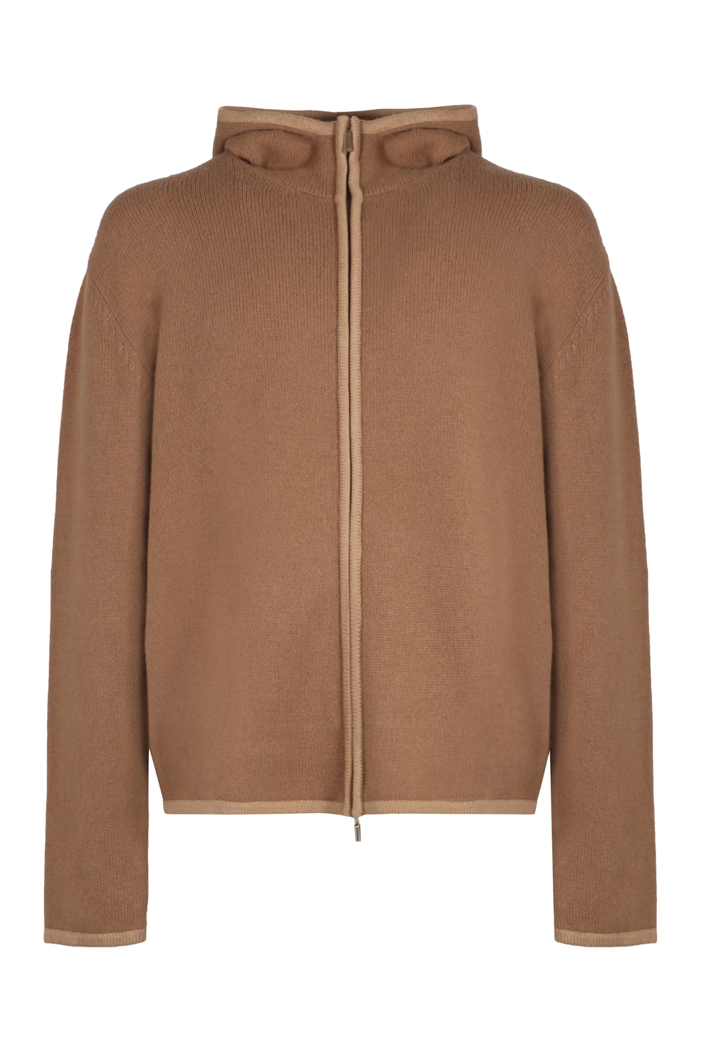 Ferragamo Hooded Zip-up Cardigan Long Sleeves In Camel