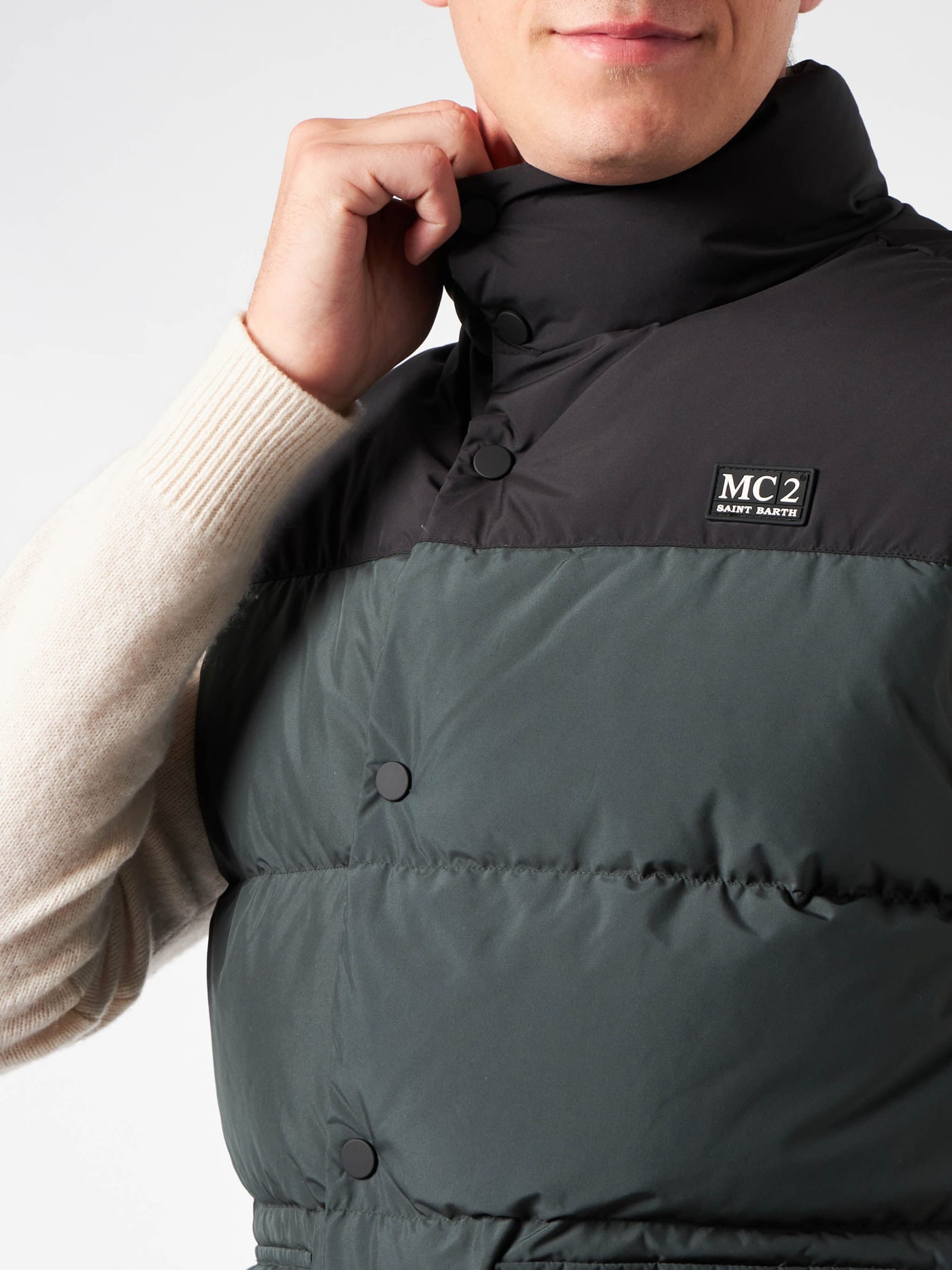 Mc2 Saint Barth Man Down Padded Green Vest With Pockets In Green
