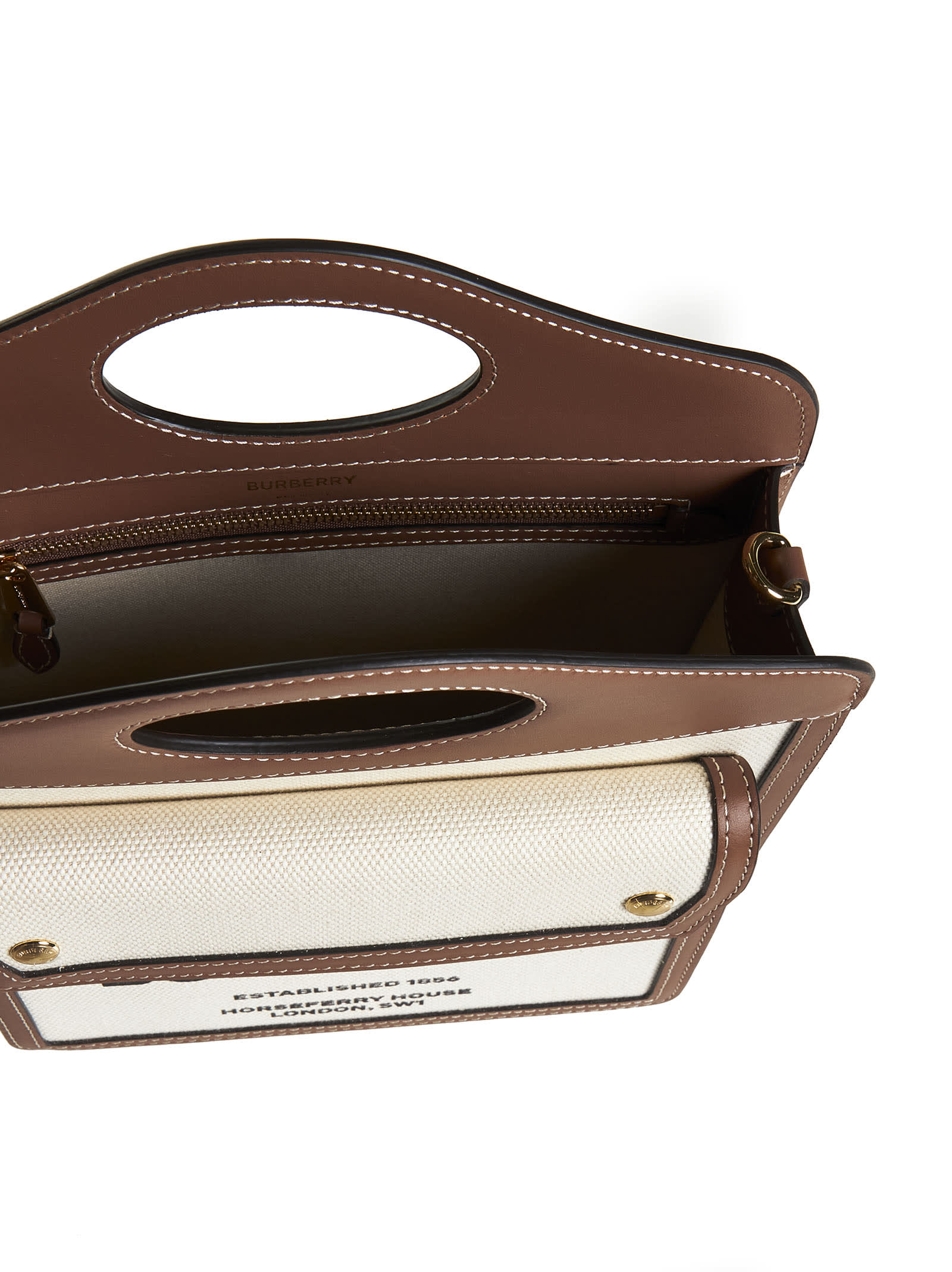 Burberry Two-tone Canvas And Leather Mini Pocket Handbag In Natural/malt Brown