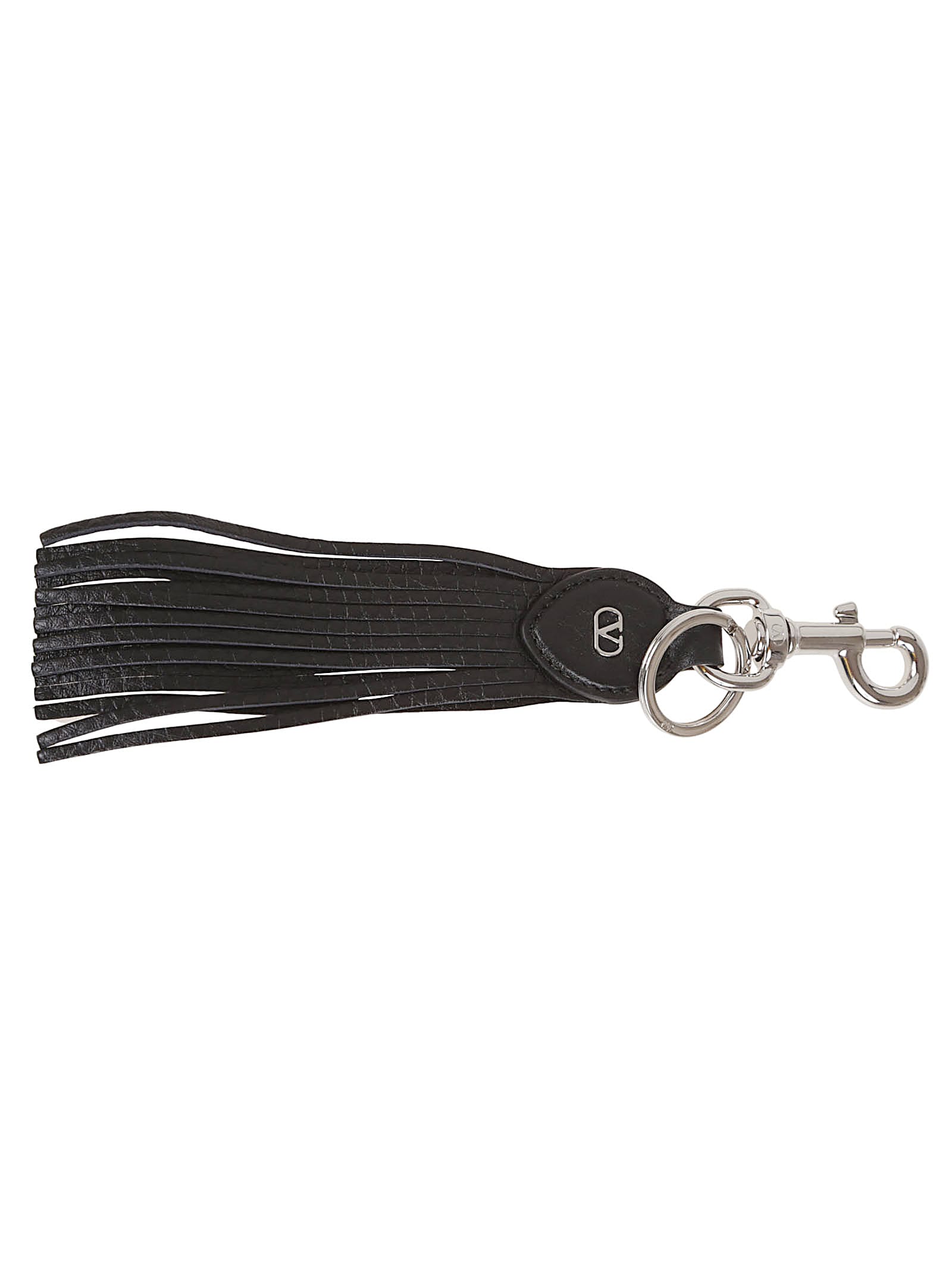 Valentino Garavani Fringed Leather Key Ring With Carabiner And Signature V Logo In Black