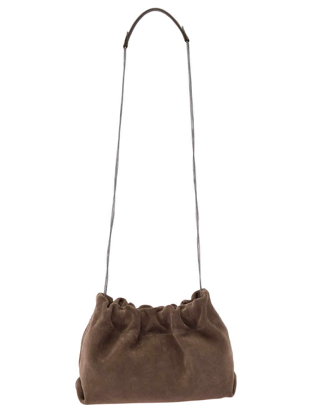 Shop Brunello Cucinelli Soft Brown Shoulder Bag With Precious Chain In Suede Woman In White