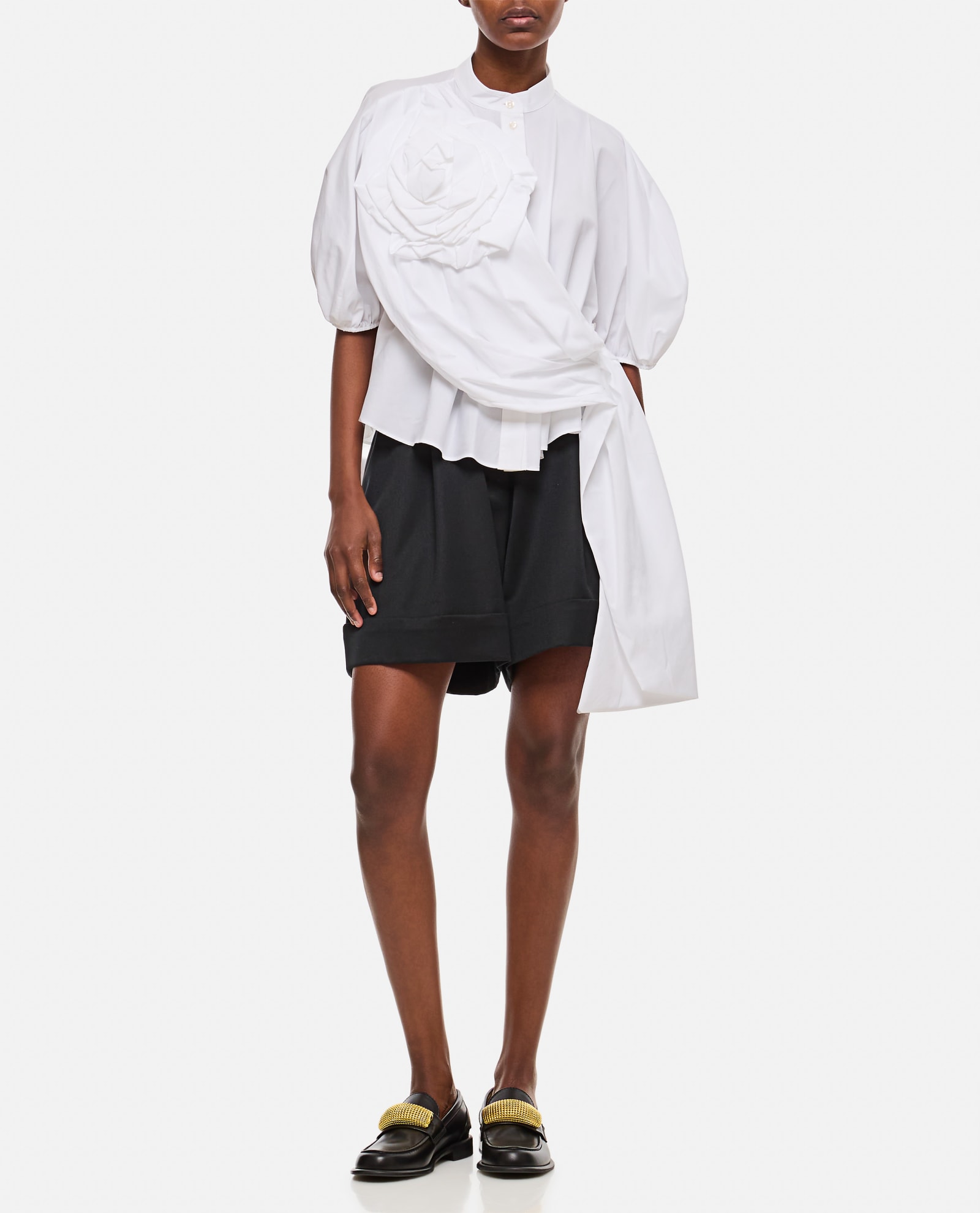 Shop Simone Rocha Cropped Puff Sleeve Shirt W/ Rose Sash In White