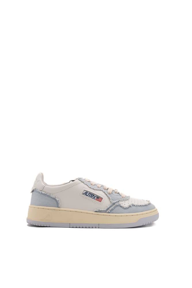Shop Autry Medalist Low Sneakers In White/light Blue Leather And Canvas In Canvas/bi Quite Grey
