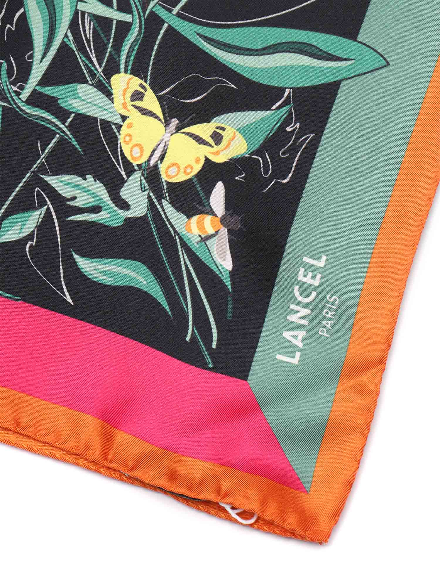 Lancel Silk Square Scarf With Geometric And Floral Design In Multi