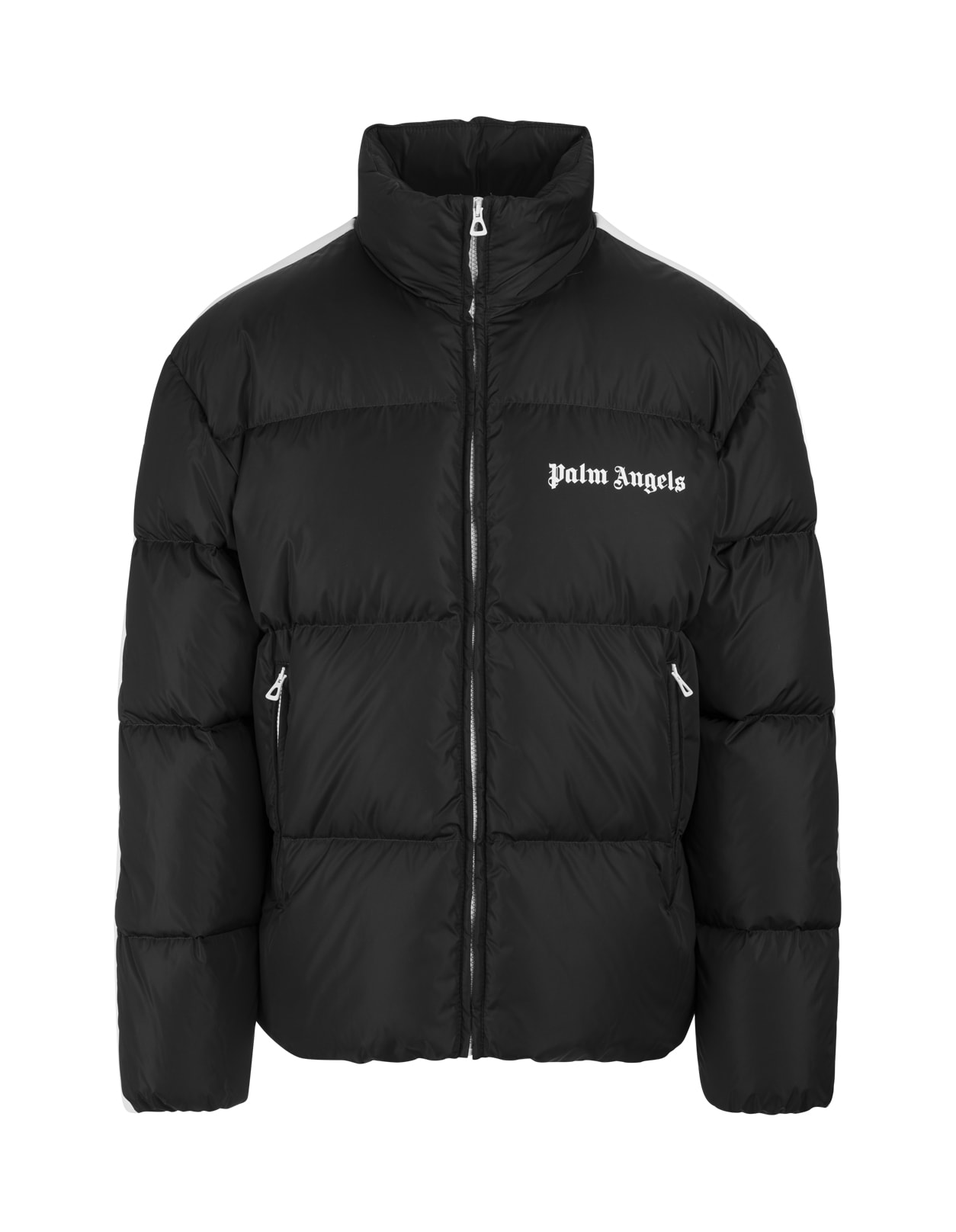 Palm Angels Man Black Down Jacket With Contrast Logo And Stripes