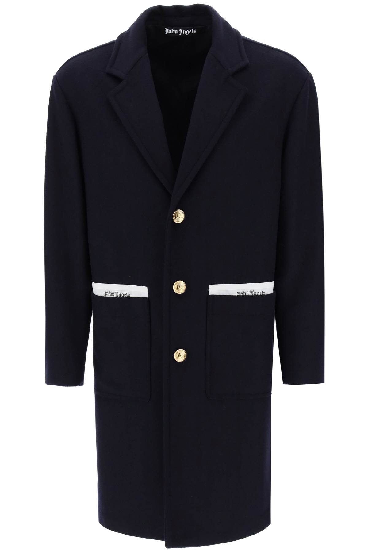 Shop Palm Angels Sartorial Tape Wool Cashmere Coat In Navy Blue (blue)